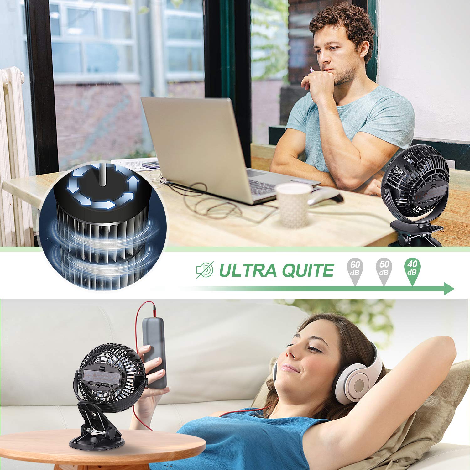 Ventilador recargable de tienda de campaña de 5000 mAh con linterna LED, ventilador USB de 7 pulgadas con batería para campamento, hogar, oficina, RV 5