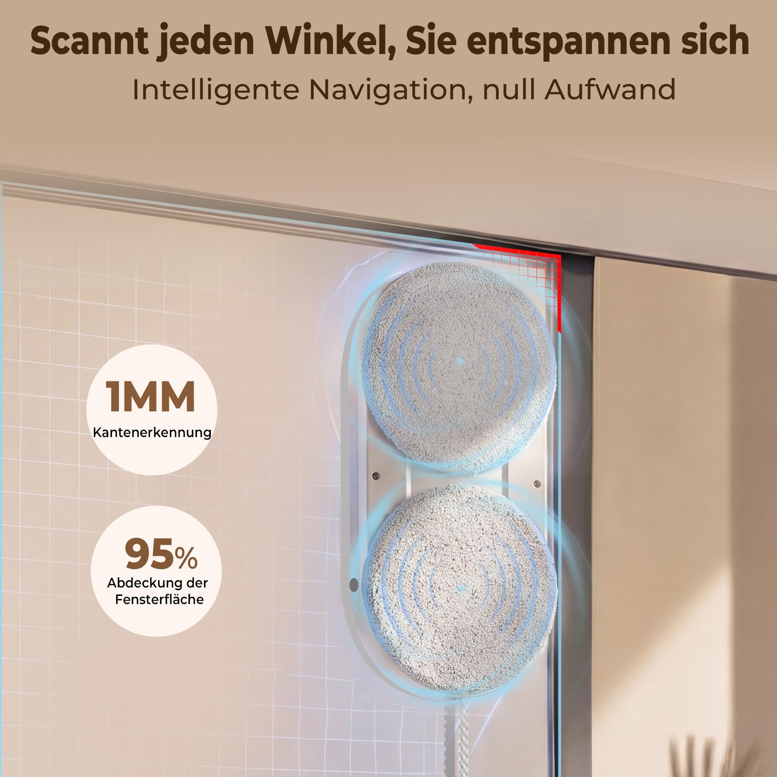X6 Fensterputzroboter für hohe Fenster, Innen & Außen, Starke Saugkraft | 6400Pa Saugkraft, Doppelsprühfunktion, Randerkennung, intelligente Navigation, flache runde Bauform
