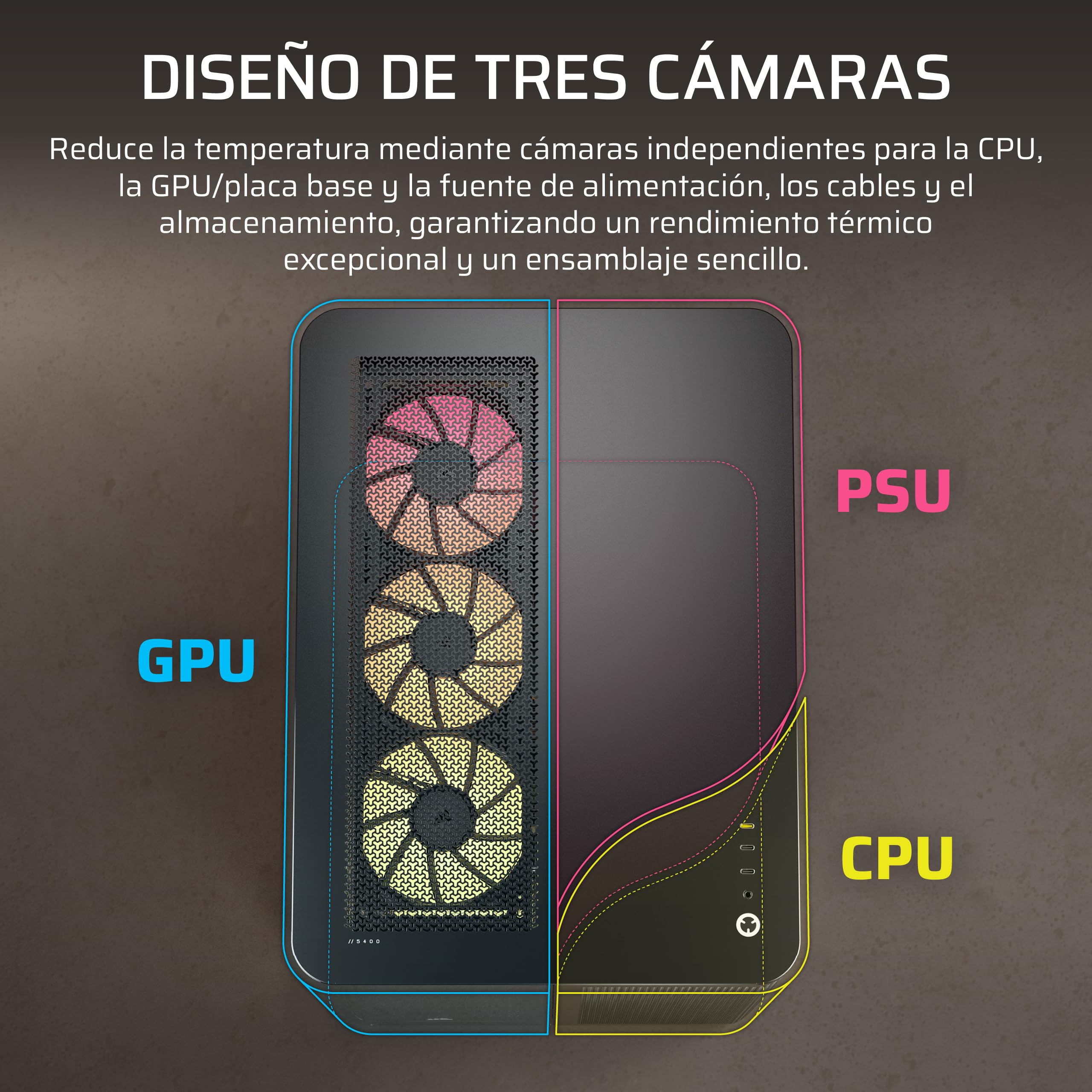 CORSAIR Air 5400 RS-R ARGB Caja para PC semitorre panorámica de Triple cámara – 3 Ventiladores RS120-R ARGB Reverse-Rotor preinstalados – conductos de Alto Flujo y bajo Ruido – Negro