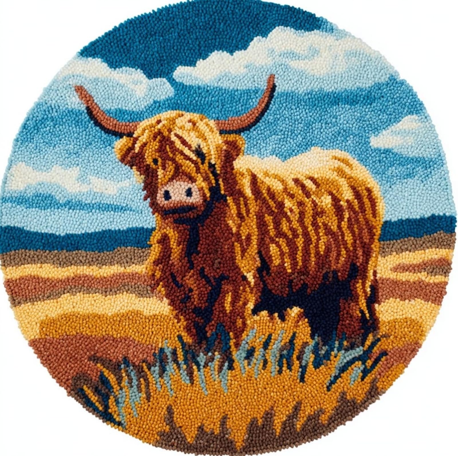 WallustrioaW DIY Latch Hook Rug Kits with Printed Canvas,Highland Cattle,Floor Mat Crochet,Carpet Tapestry for Adult Craft Kits for Women,Relaxing Home Art Project,50x50cm