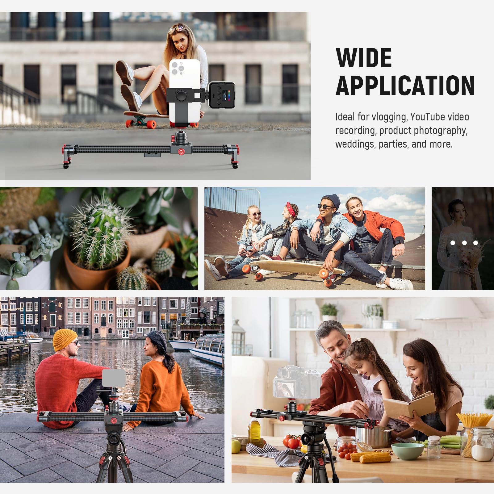 NEEWER 40cm Slider Fotocamera in Fibra Carbonio+Testa Sfera 360°/Phone Clamp/Supporto Action Cam, Carrello Dolly con 4 Cuscinetti e Gambe Regolabili, Compatibile con GoPro Insta360 iPhone Android,CS1M
