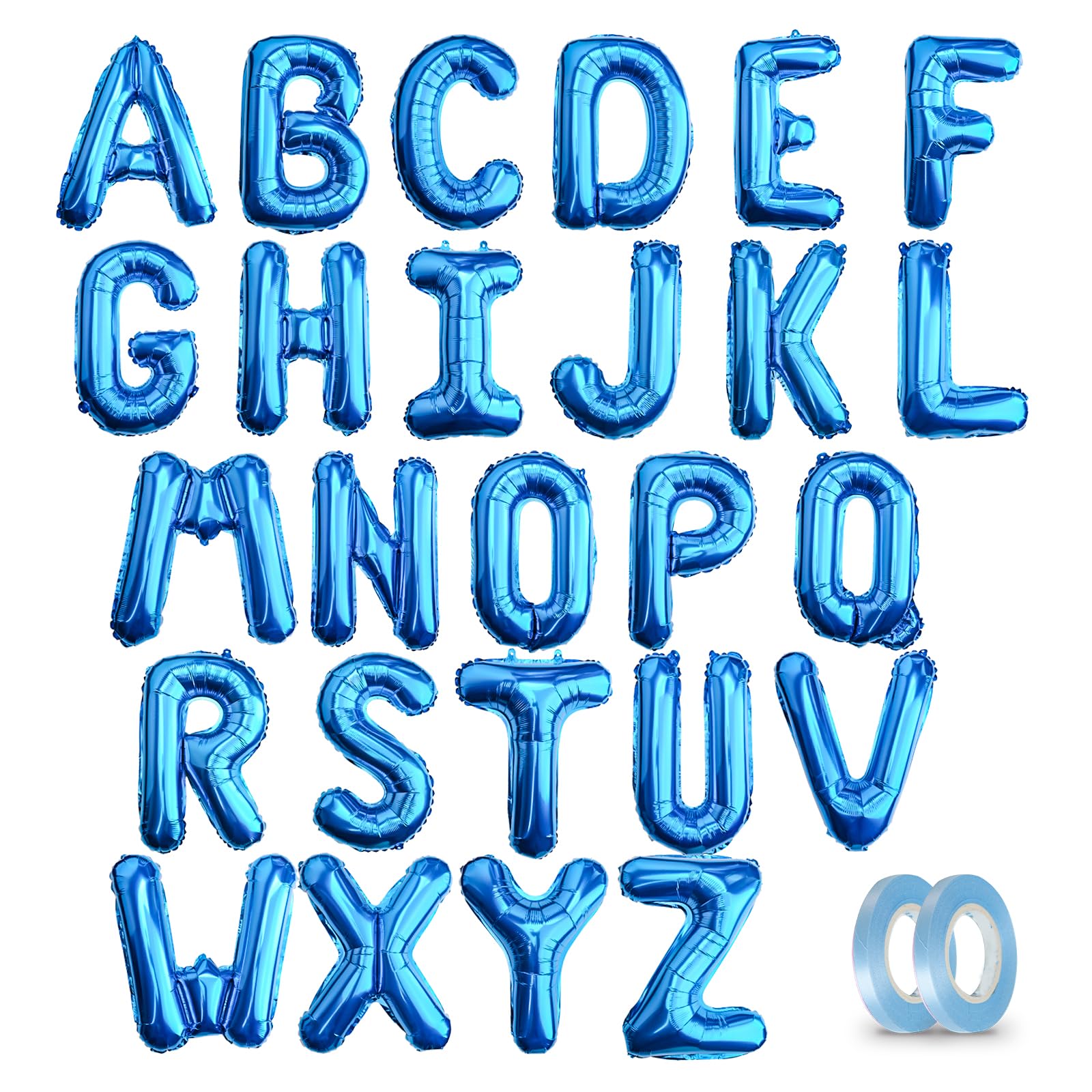 16" A-Z 26 Letter Blue Foil Mylar Letter Balloons with 2 Rolls Ribbon Mega Pack, Aluminum Hanging Foil Film Alphabet Letter (Solid Blue, A-Z with Ribbon)