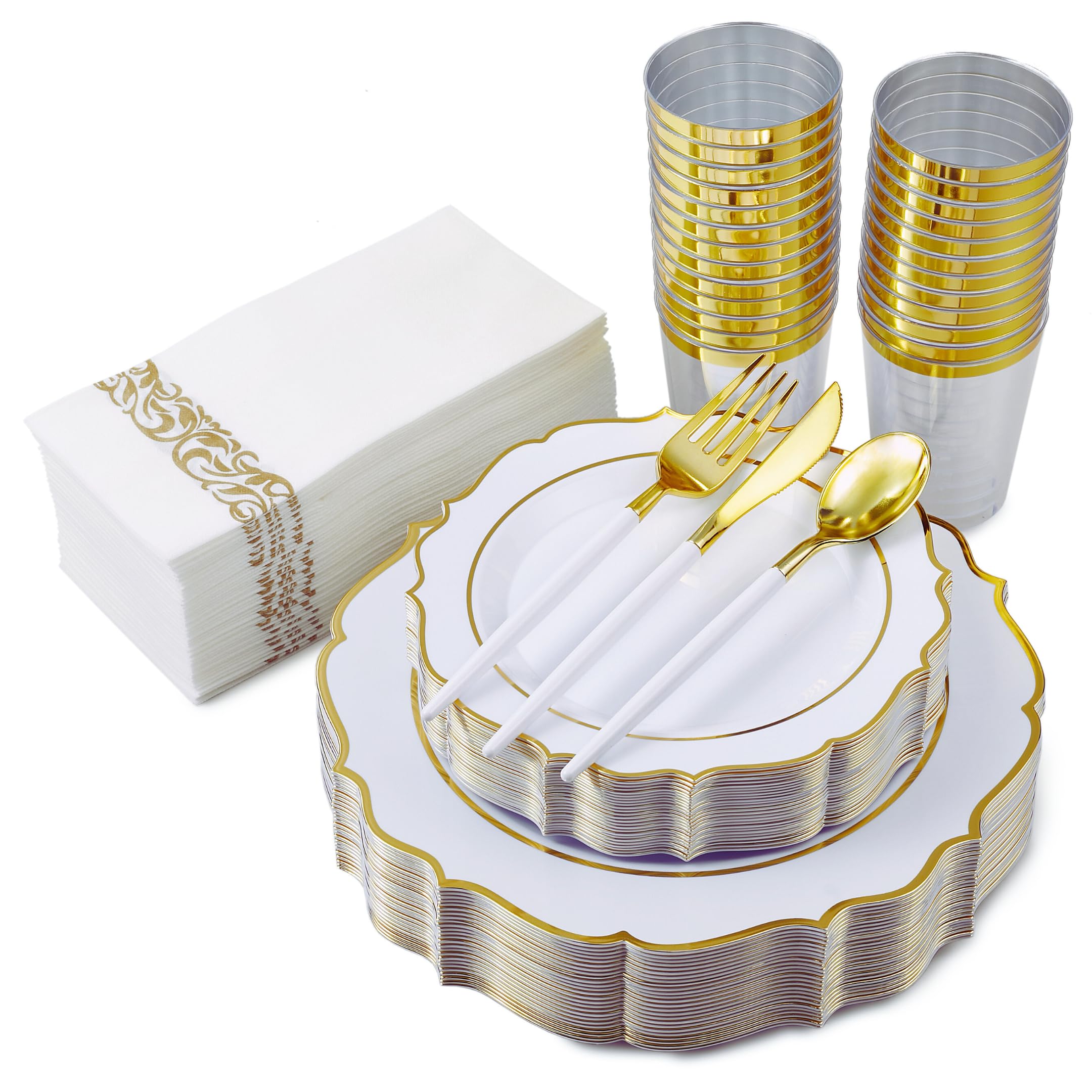 PREM-QUAL 175Pcs Party Supplies Set - White Plastic Plates, Disposable Gold Plates, Gold Plastic Cutlery, 10oz Gold Cups, Napkins - Perfect for White Wedding, Christmas, Thanksgiving, Bridal Shower