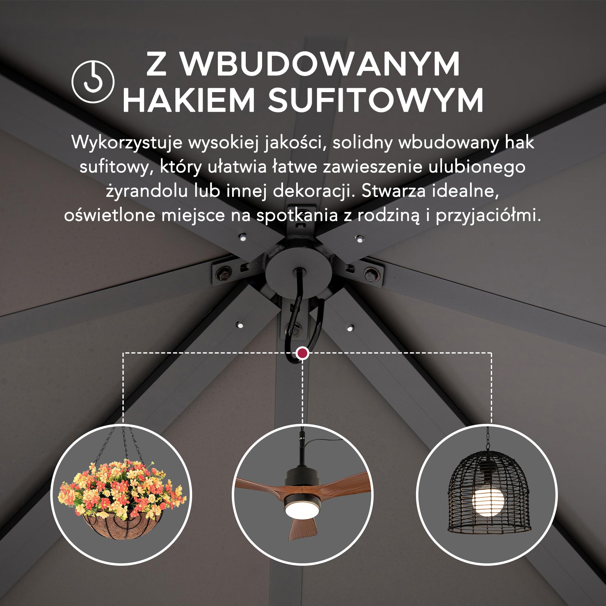 SUNJOY Altana Drewniana z Solidnym Daszkiem 3,3x3,3m z Oświetleniem Solarnym, Stalowy Dach Czterospadowy & Wypełnienie z Poliwęglanu, Odporna na Śnieg & Promieniowanie UV, Trwała Altana Ogrodowa na Ta