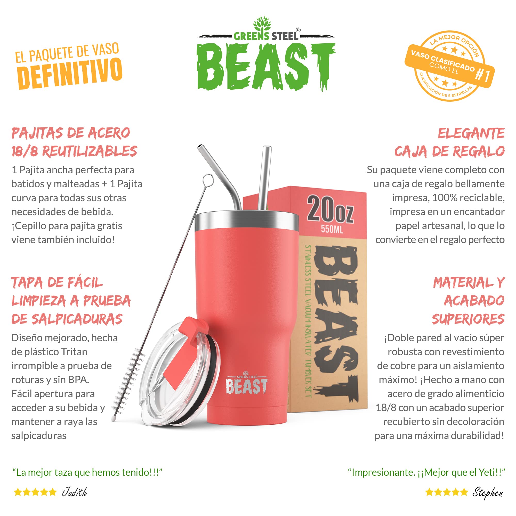 Greens Steel Beast Tumbler – 550 ml (20 oz), Coral | Vaso de acero inoxidable reutilizable con aislamiento al vacío | con 2 pajitas y cepillo de limpieza | Termo de viaje de doble pared — view 3