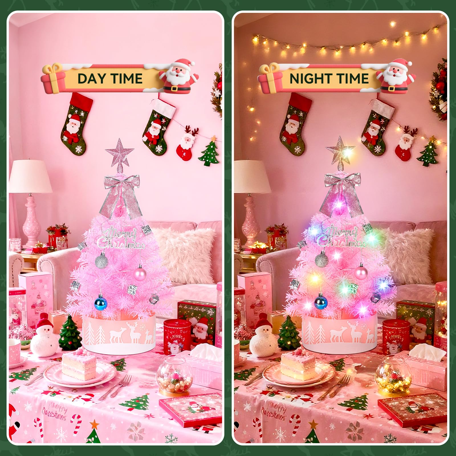 60cm Pinker Künstlicher Weihnachtsbaum mit Bunten LED-Lichtern - DIY-Deko-Set inkl. Sternspitze, Schleife, Baumrock, Trommeln & Geschenkboxen - Rosa Tischbaum für Mädchenzimmer & Homeoffice