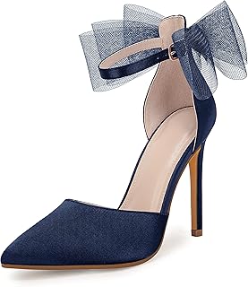 Women's Closed Pointed Toe High Heels with Bow Knot Ankle Strap Satin Stiletto Pumps