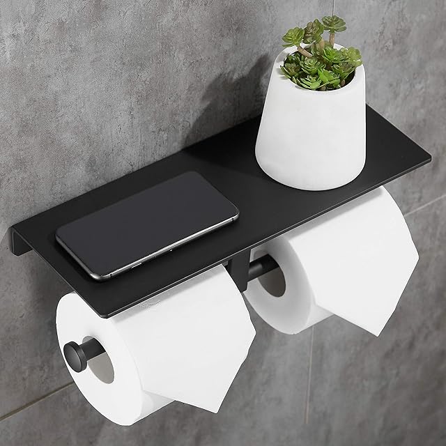 Gricol Double Toilet Roll Paper Holder Space Aluminum Wall Mounted Bathroom Tissue Storage with Phone Holder Shelf Stand Tray for Bathroom Kitchen