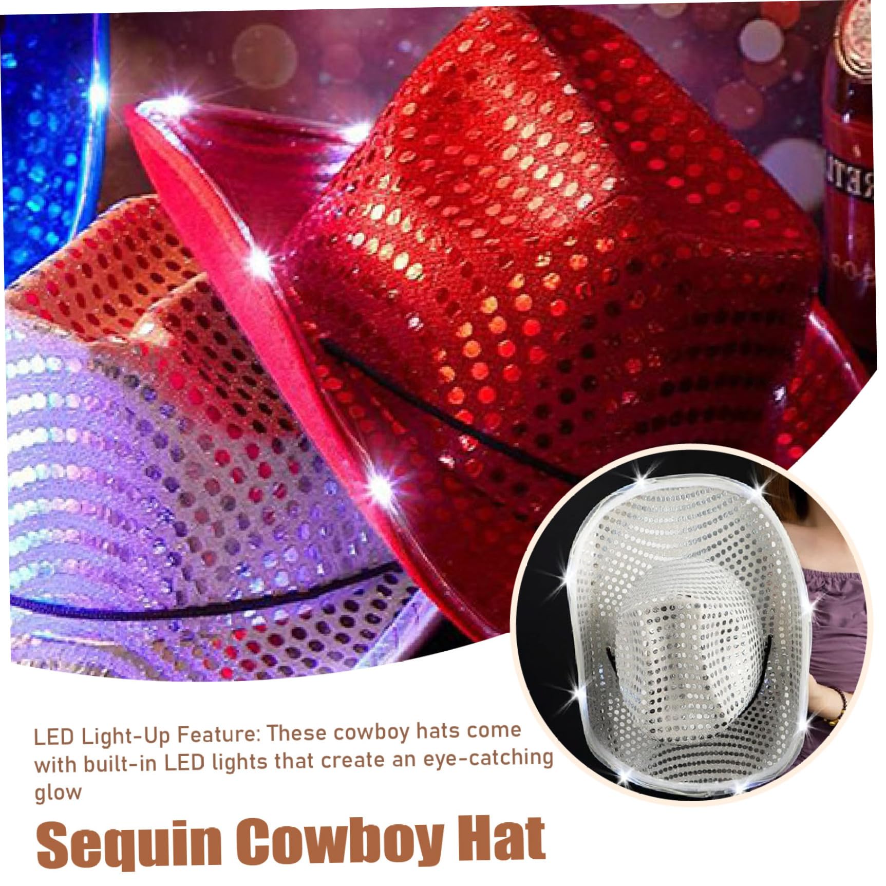 2 cappelli da cowboy con paillettes, cappello da cowboy con luci a LED scintillanti, stile occidentale, discoteca, per carnevale, feste a tema, spettacoli di danza