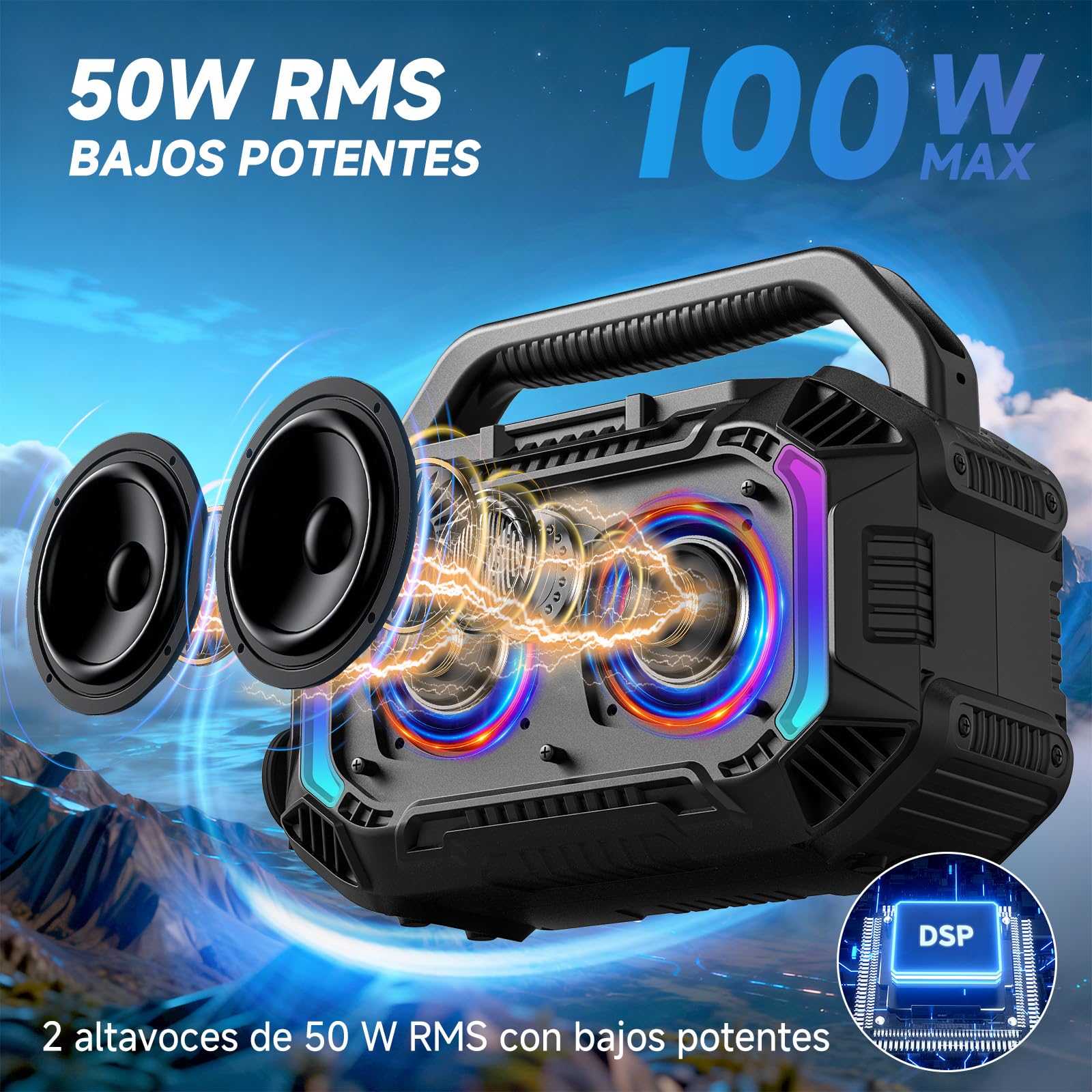 Wilody Altavoz Bluetooth Potente 100W,Altavoces Bluetooth Grande,Altavoces Bluetooth Exterior con IPX7 Resistente al Agua,EQ,RGB,USB,batería de 20 Horas,TWS,BT5.3（L-Negro）