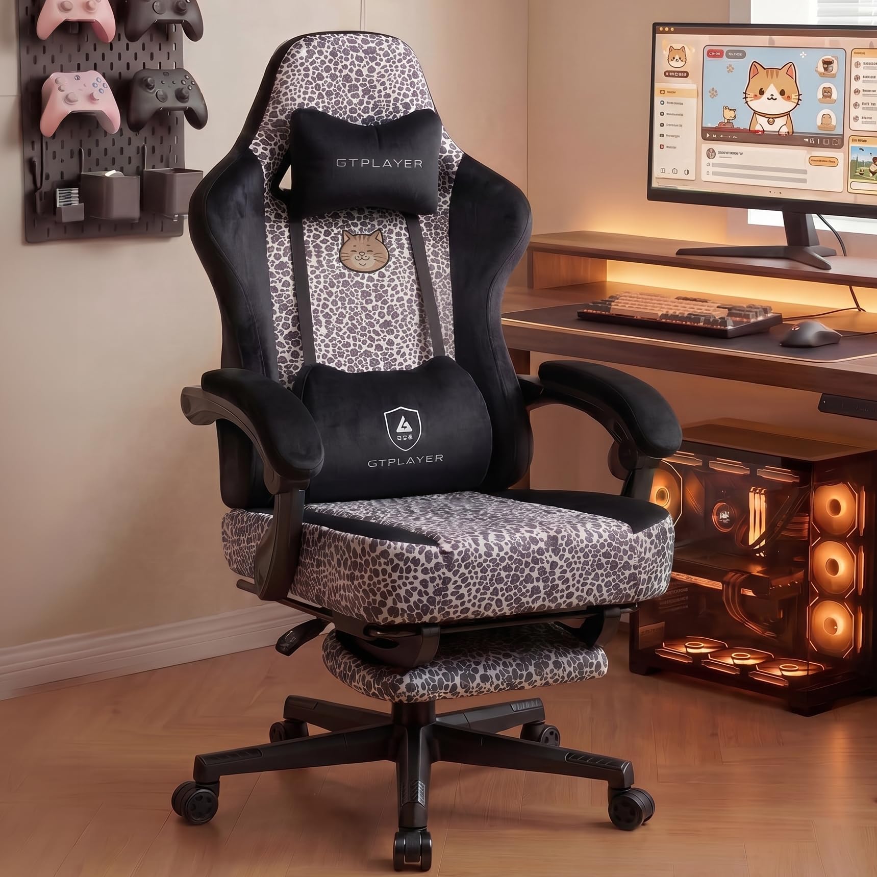 GTPLAYER Gaming Chair with Leopard Print Cat, Cute Velvet Fabric Ergonomic Office