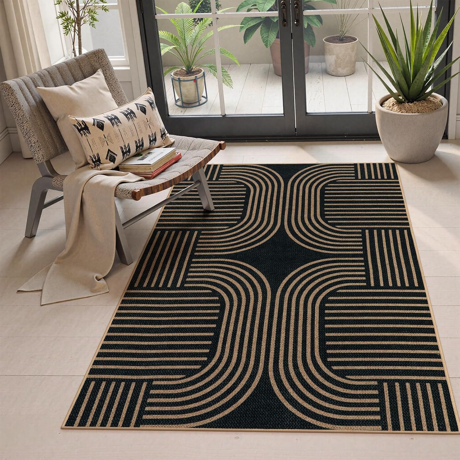 Lahome Modern Geometric Outdoor Easy Jute Rug, 3x5 Indoor Outdoor Rugs for Entryway Black Living Room Carpet, Farmhouse Washable Non Slip Carpet for Patio Courtyard Bedroom