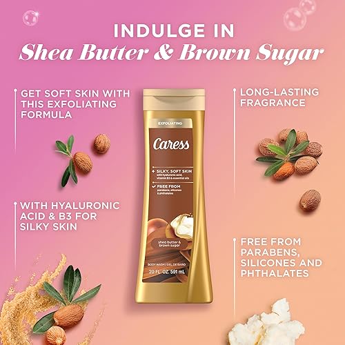 Miniatura 5 de Caress Gel de baño para mujer, manteca de karité y azúcar moreno, gel de ducha hidratante y exfoliante para una piel radiante hermosa, 20 onzas