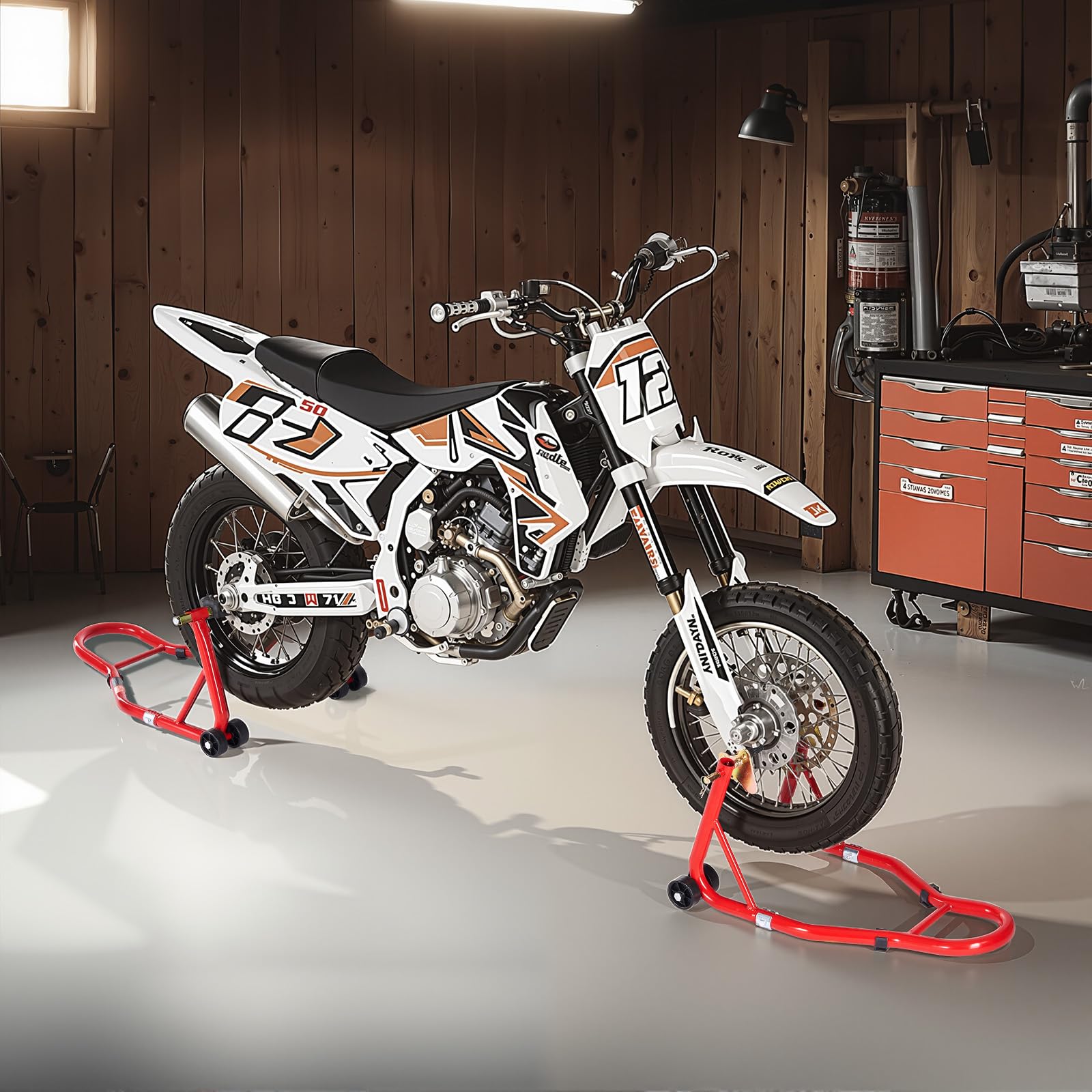 VEVOR Elevador de Caballete para Motocicleta, Capacidad de 390 kg, Combinado Delantero y Trasero, para Rueda Delantera, Compatible con Yamaha, Honda y Suzuki, Rojo, 680 x 450 x 350 mm