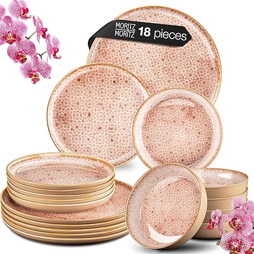 Moritz & Moritz Terra 18-Piece Porcelain Dinner Set for 6 People - Subtle Terracotta Plates and Bowls Set, Microwave & Dishwasher Safe - Includes Dinner & Dessert Plates & Soup Bowls - Terracotta - Dinnerware Set (18 pcs)