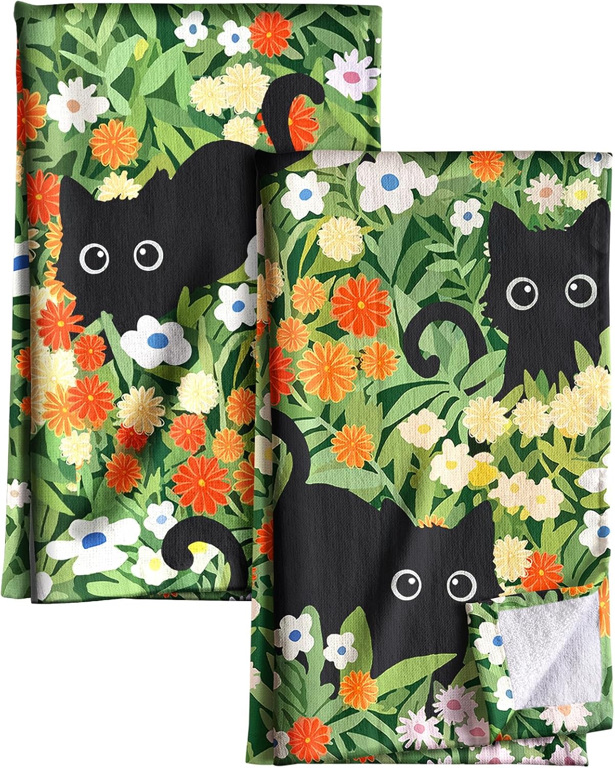 Cotton Kitchen Towels Set of 2 - Cute Design 16×26 Inch Dish Towels for Kitchen with Hanging Loop Black Cats Quick Dry Hand Towels Soft & Absorbent, Home Decorative, Terry Cloth Tea Towels