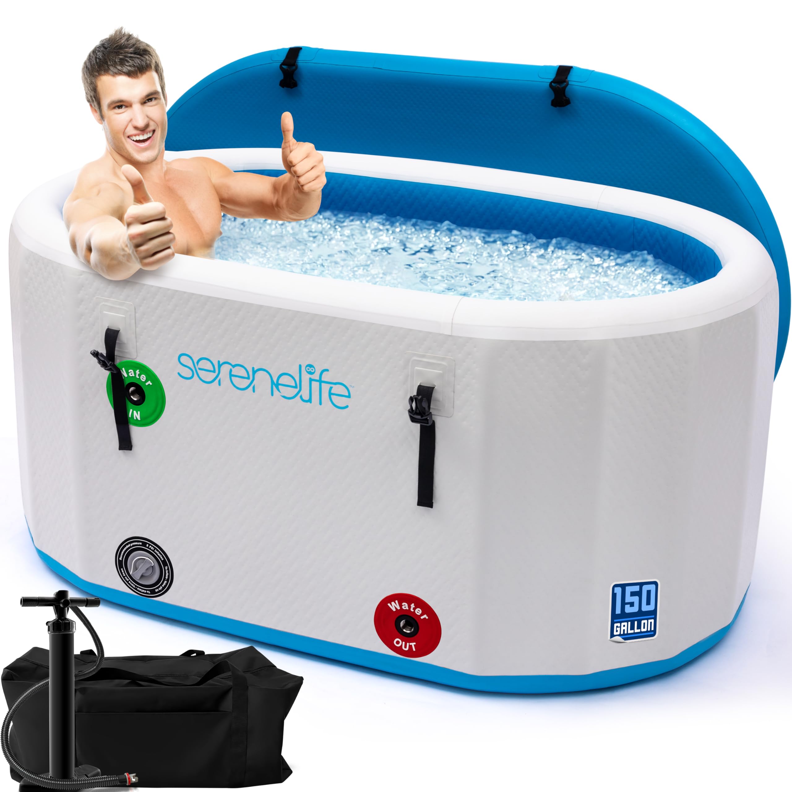 SereneLife 105 Gal Inflatable Insulated Cold Plunge Tub - One Person Ice Bath Tub with Lid, Cold Plunge Therapy Recovery Pod for Athletes, 53.15" x 31.50"