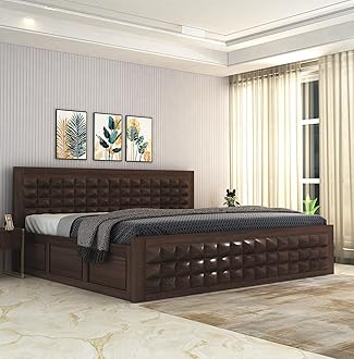 SONA ART & CRAFTS Diamond Solid Sheesham Wood King Size Bed with Storage Box + 2 Side Tables | Wooden King Size Cot Bed | Double Bed with Box - Walnut Finish (Assembly Included)