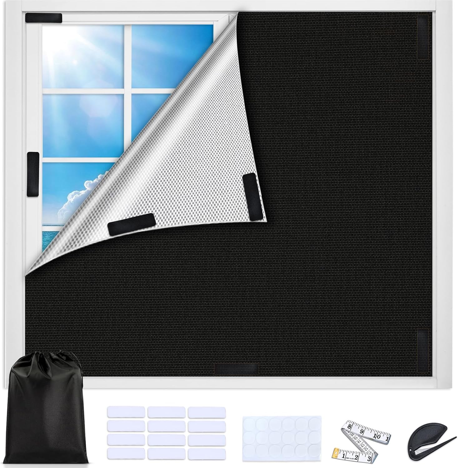 Blackout Window Cover, Portable Blackout Curtains for Bedroom Cuttable No Drill Window Blinds, Black Out Shades Fabric Sheet for RV, Travel, Media Room, 157'' x 57''