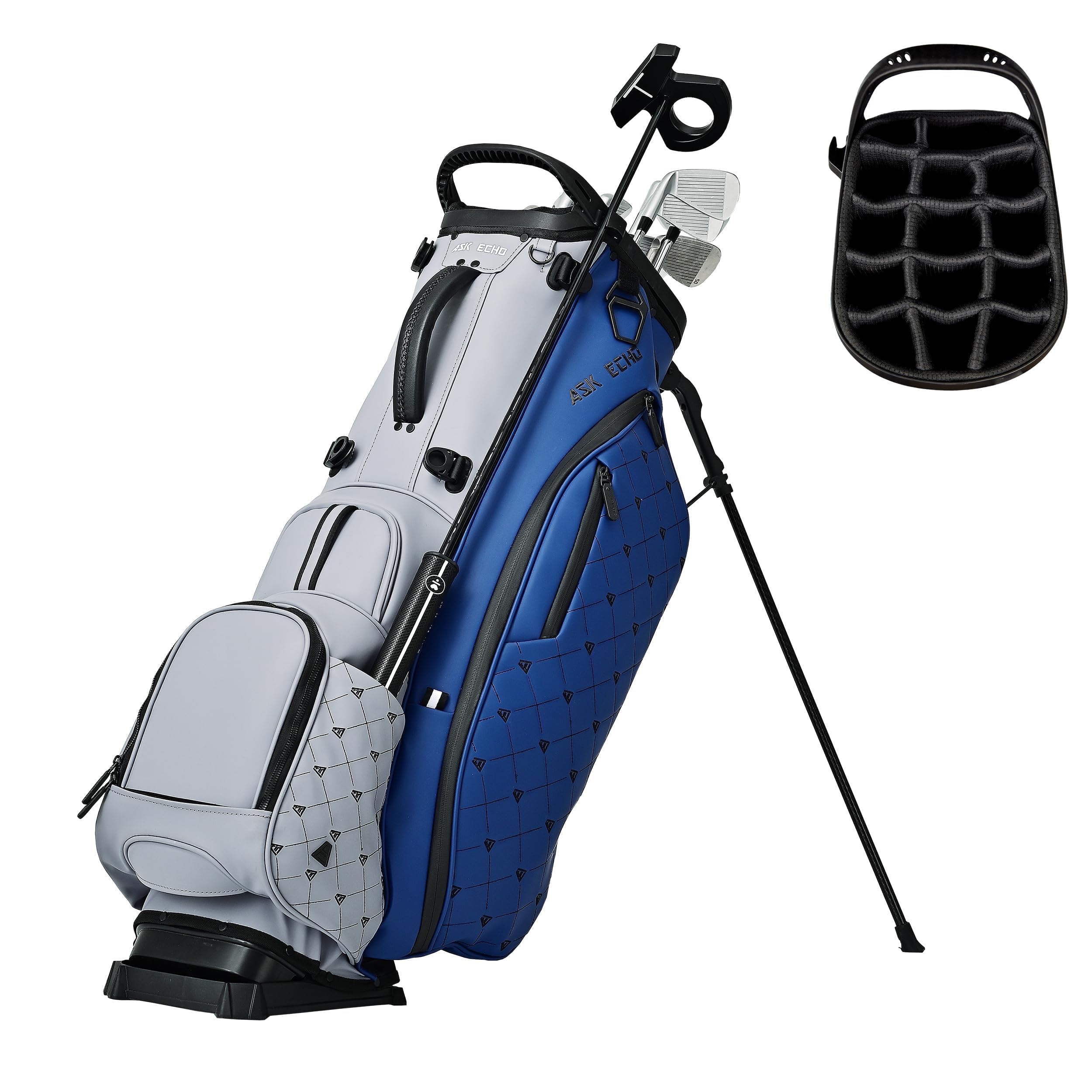 ASK ECHO Golf Prestige-14 Way Hybrid Stand Bag - Premium Leather Outdoor Putter Clip (Navy Grey)