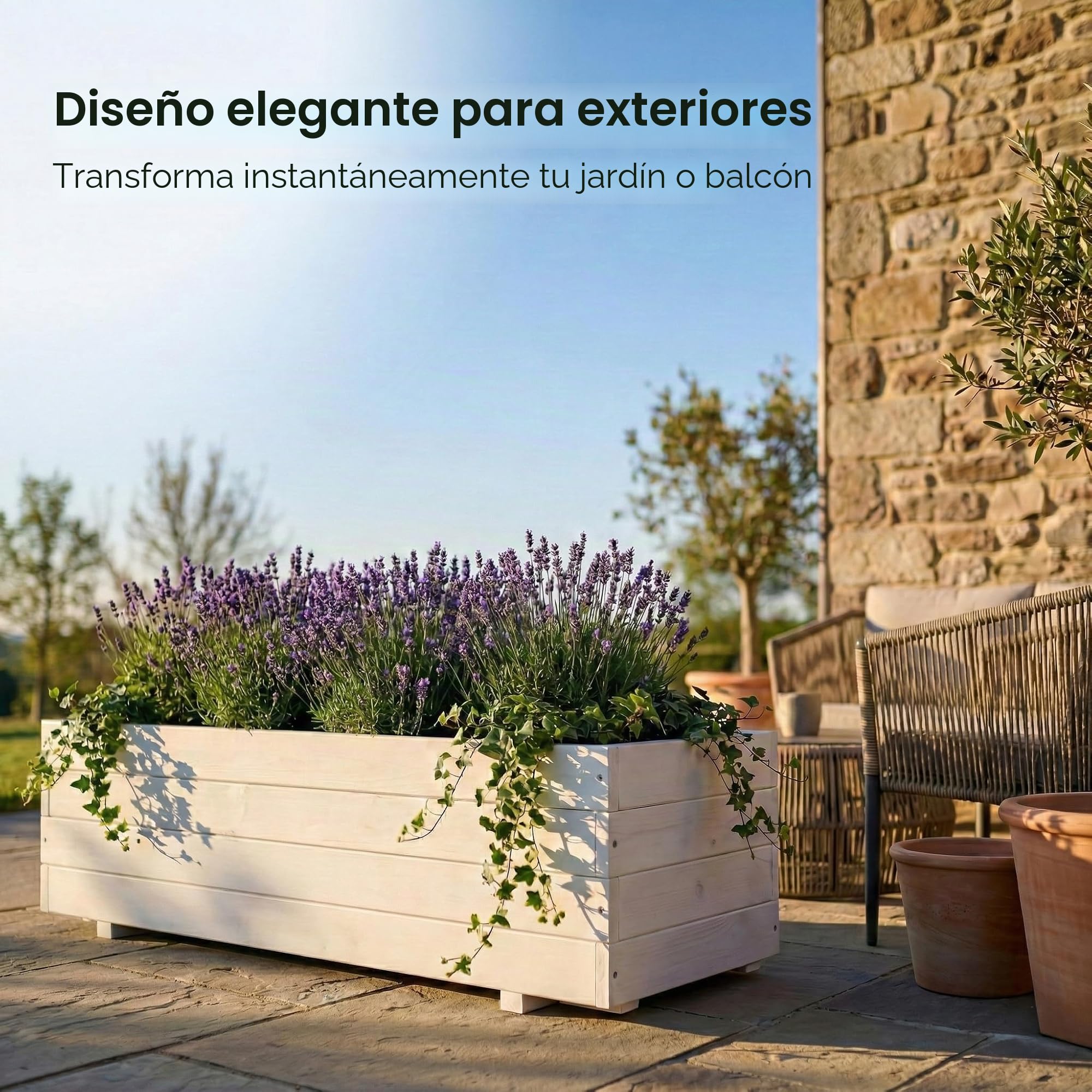 Jardinera de madera para plantas, para uso exterior, gran maceta rectangular, madera FSC, 120 x 40 x 32 cm, color blanco