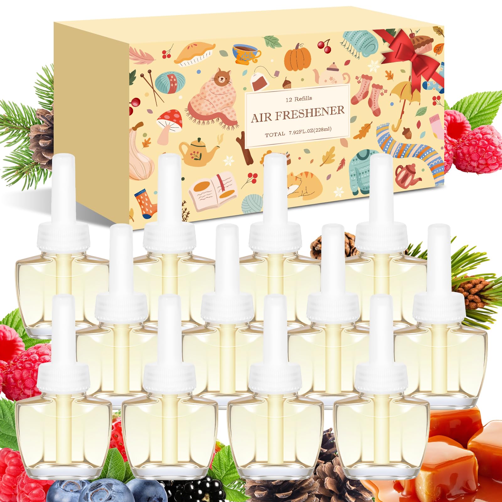 Scent-Hi Duftölflakon Set, 12x19ML Elektrischer Lufterfrischer - Fichte, Karamell, Espresso, Himbeere Zimt, Nachfüller für Duftstecker, Räume, Bäder Kompatibel mit Air Wick/Glade