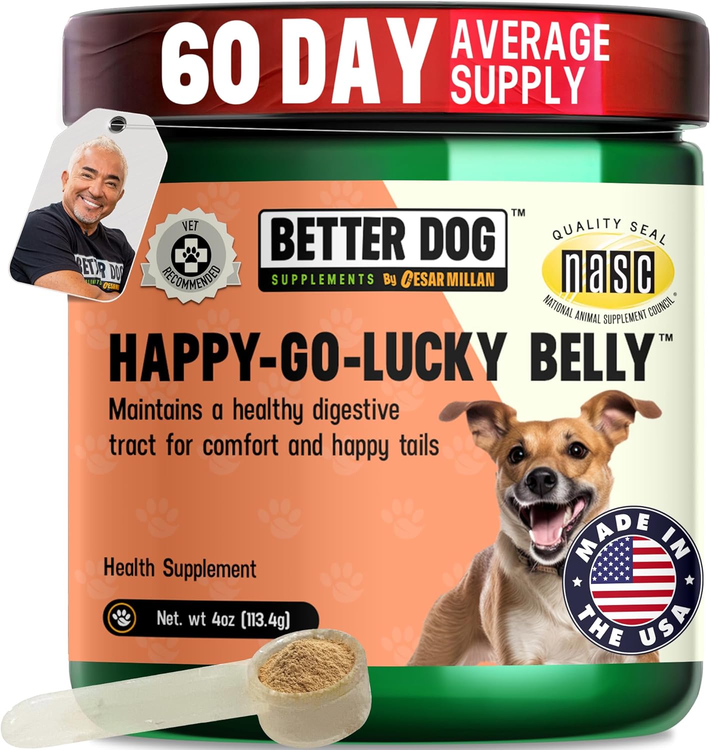 Better Dog Supplements Happy-Go-Lucky Belly by Cesar Millan – Natural Digestive Support Powder for Dogs – Upset Stomach Relief, Gut Balance & Regularity with Herbal Fiber Blend – 4oz (60-Day Supply)