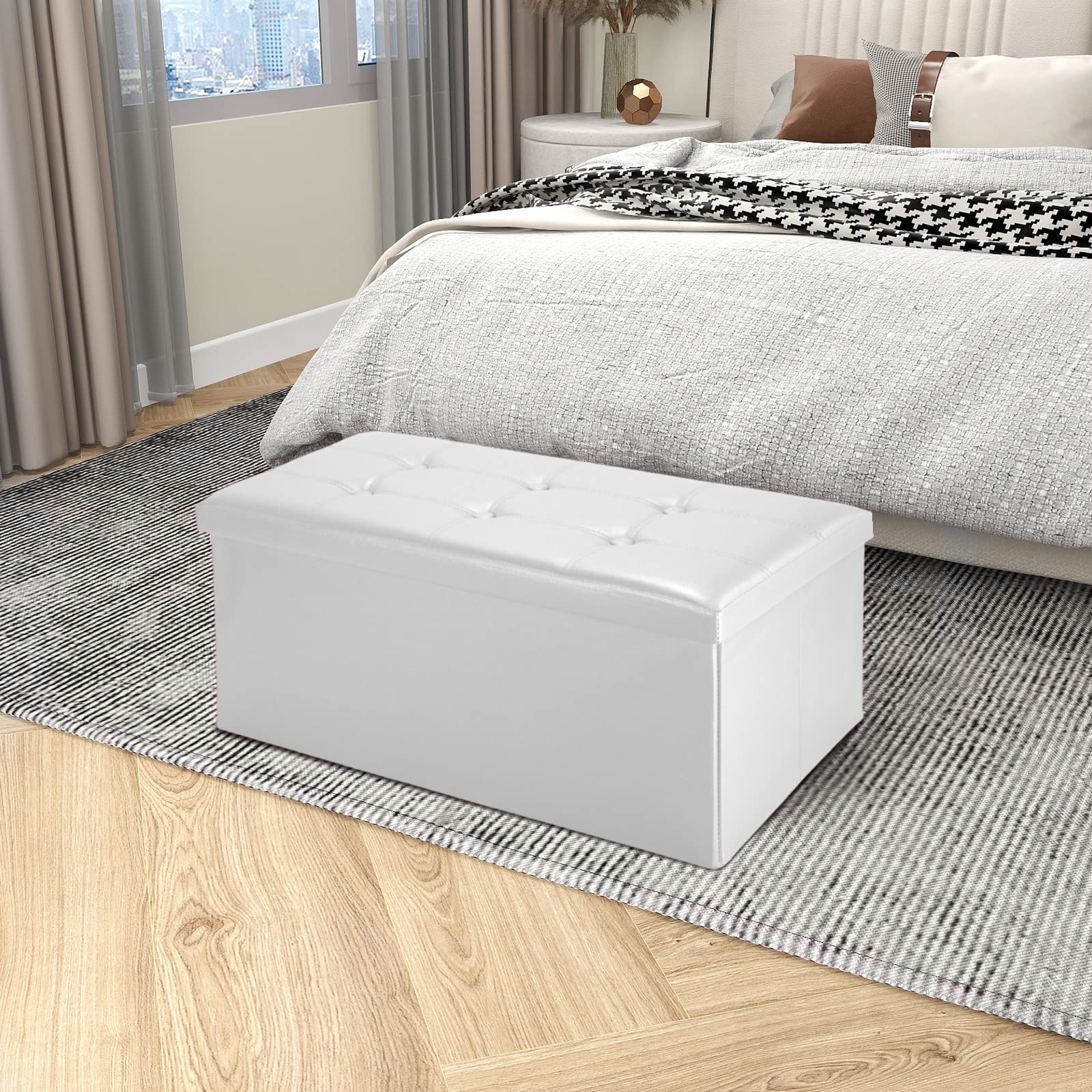Todeco Taburete para Almacenaje Plegable Baúl Puff, Talle Grande Capacidad Banco Almacenaje Baul Almacenaje Otomano-Carga máxima: 150 kg-Material: Imitación de Cuero, 76 x 38 x 38 cm, Blanco