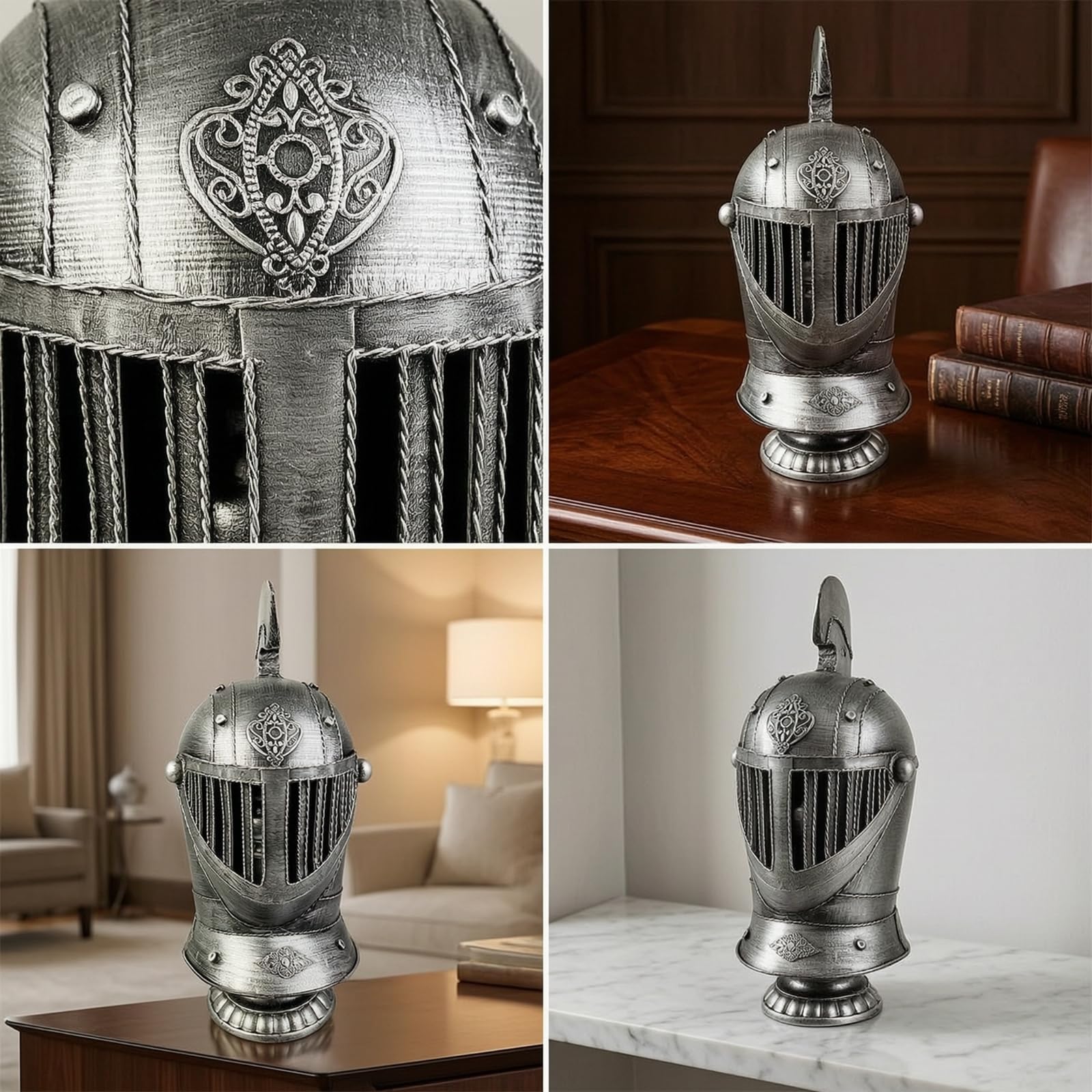 Casco Romano corativo con Envejecido Adorno Casco Romano con Soporte Clásico Figura para Estudio, Oficina, 1917 Plateado, Estilo 1917 Plateado