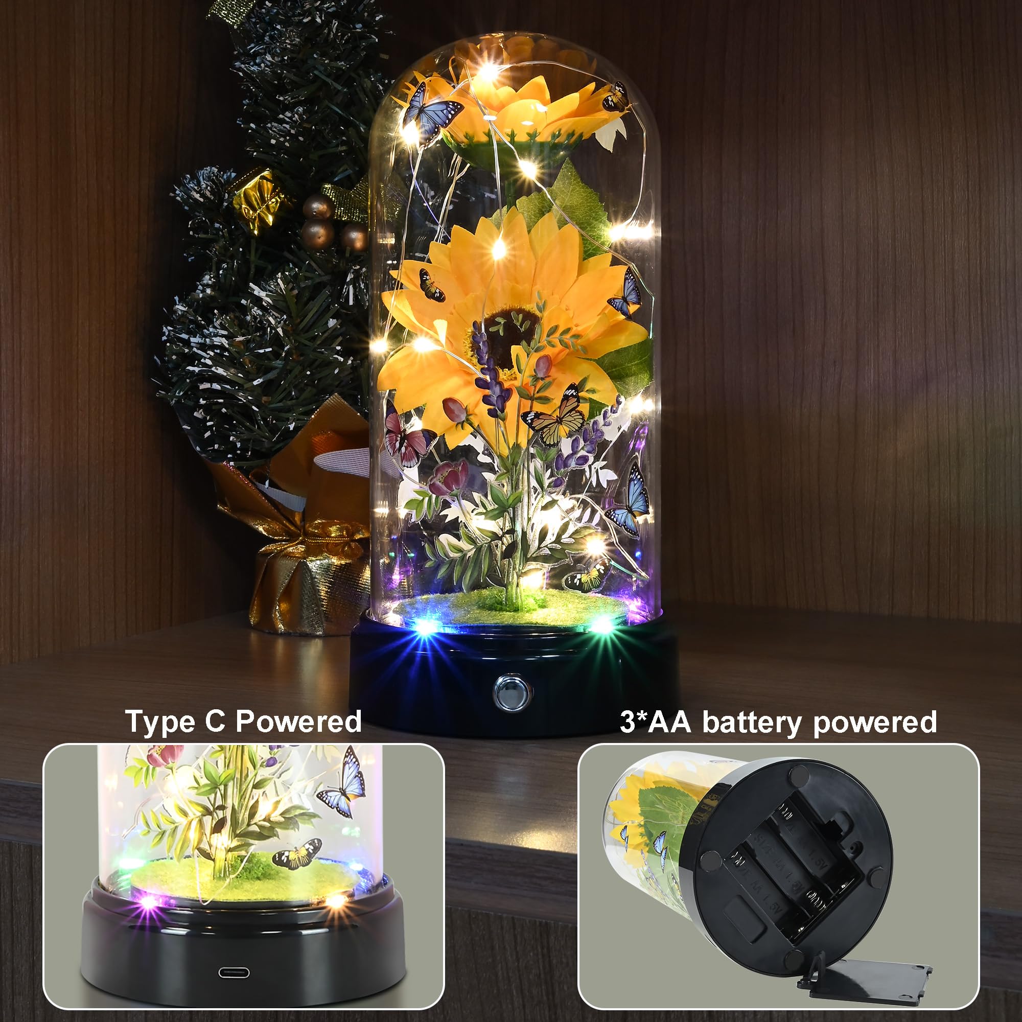 Girasole All'Uncinetto Con Luci LED In Cupola Acrilica – Regalo Romantico 25 Cm