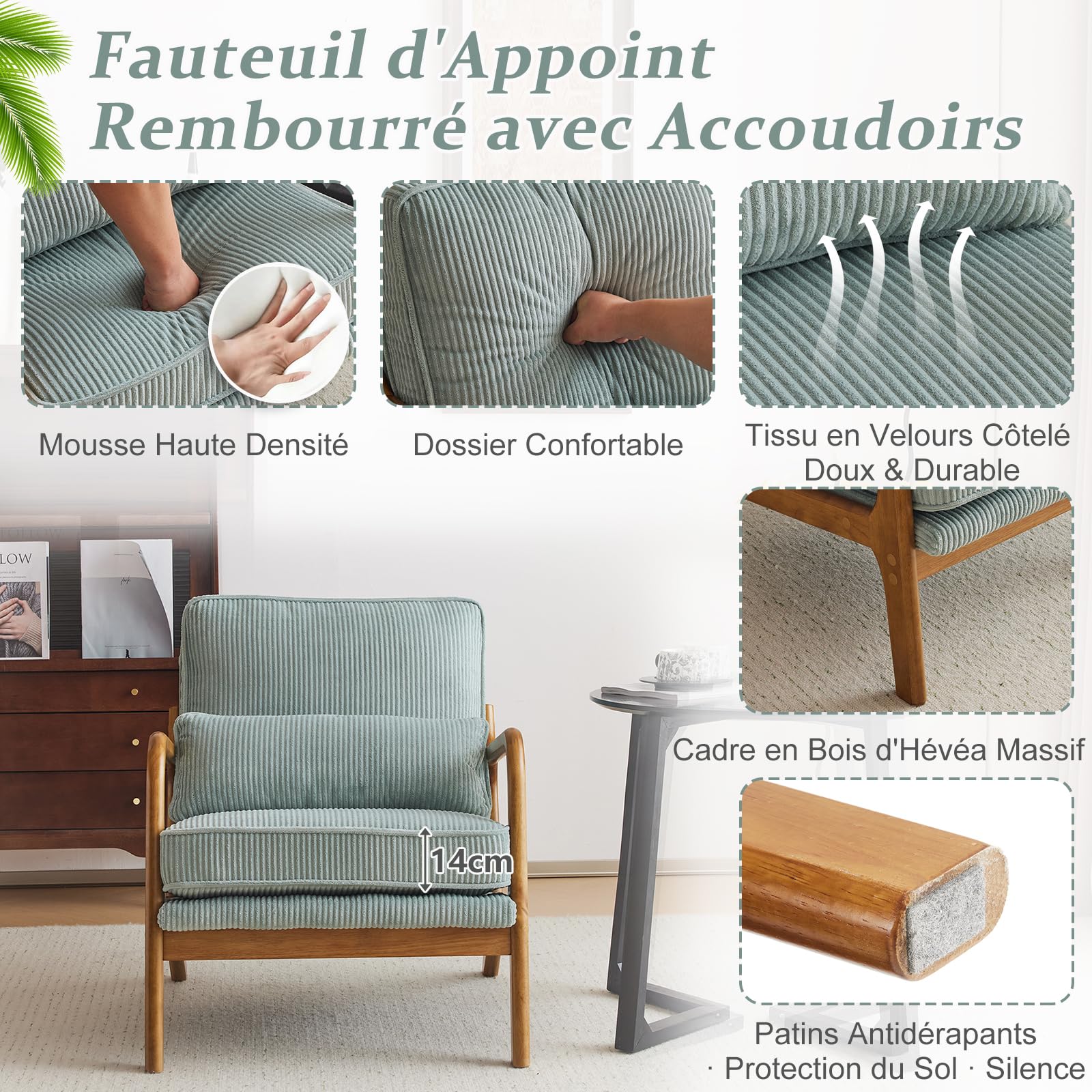 Bonnlo Poltrona Salotto in Legno e Velluto a Coste 65 x 82 x 75cm, Poltroncina Camera da Letto con Braccioli Curvi e Cuscino Lombare, Lounge Chair Design da Lettura e Soggiorno (Azzurro Grigio)