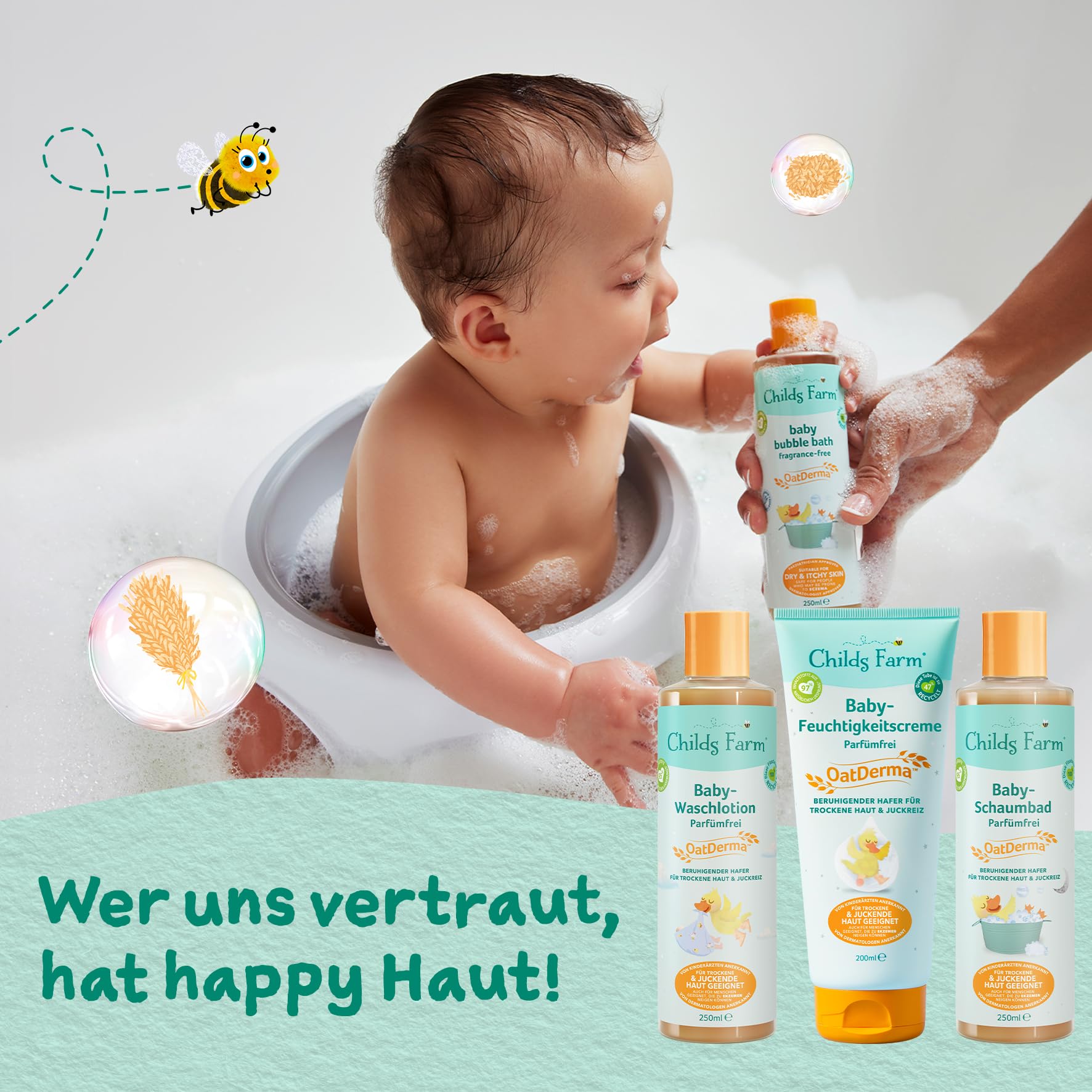 Childs Farm Oatderma pianka do kąpieli dla niemowląt, 250 ml, bez perfum, kojąca kąpiel piankowa, do wrażliwej lub skłonnej do egzemy skóry niemowląt i dzieci. Również dla noworodków.