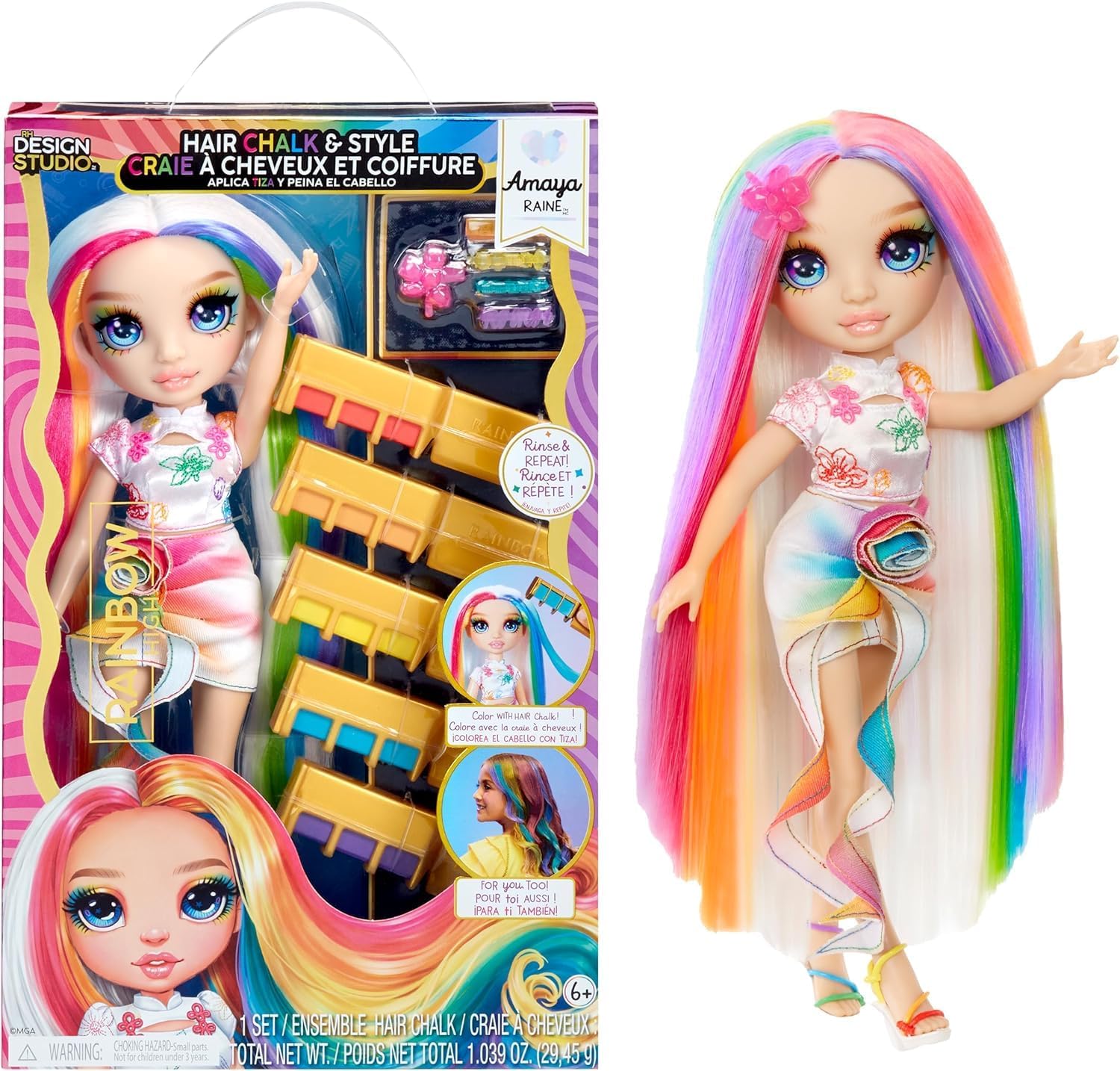 Hair Chalk & Style Amaya - Rainbow 11” Doll. Washable Rainbow Hair Chalk, Color, Style, Play, Rinse & Repeat. Great Gift for Kids 4-12+