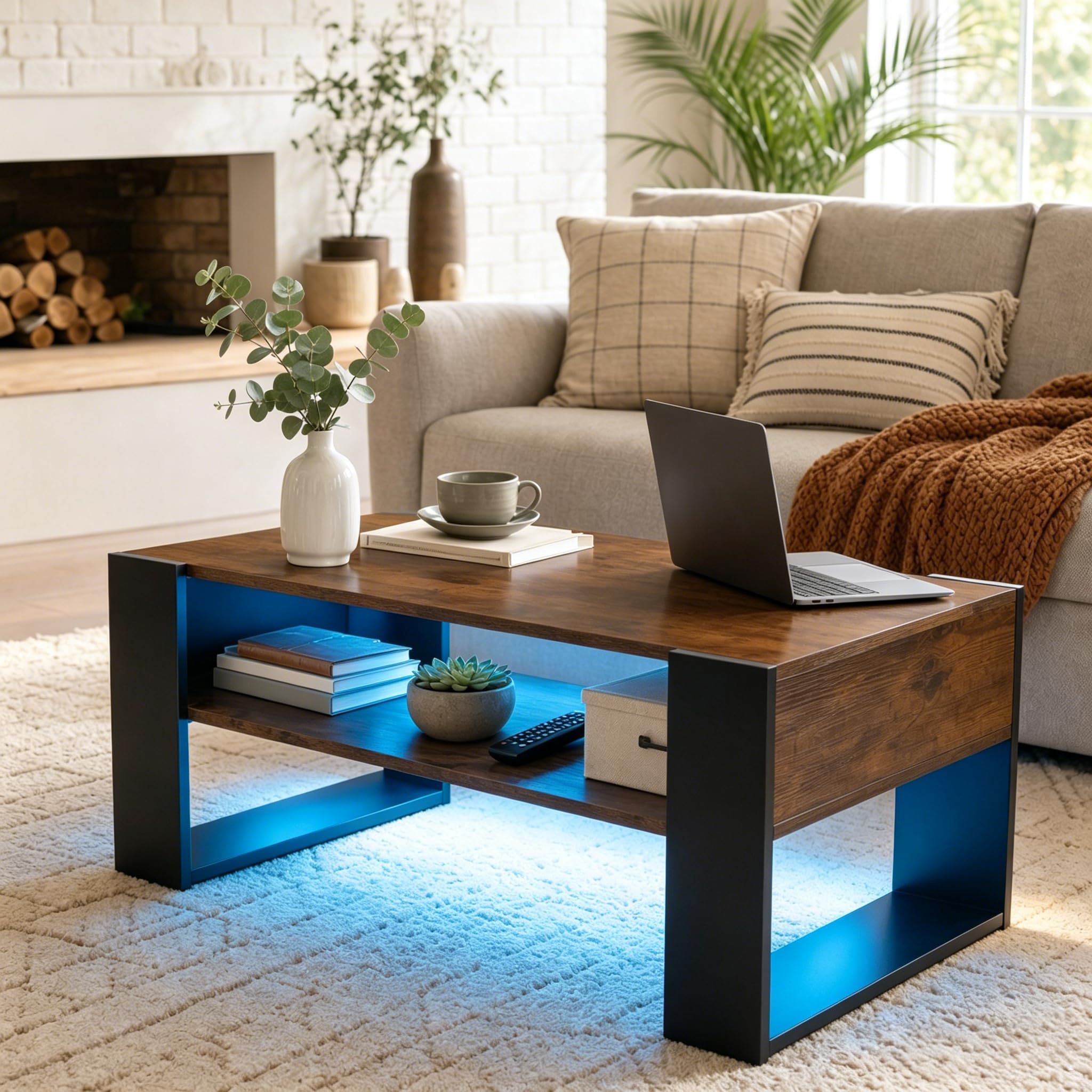 LED Couchtisch mit Stauraum, Wohnzimmertisch mit 2 Ebenen, moderner Sofatisch aus Holz, Beistelltisch fürs Wohnzimmer im Industrie-Design, 92x47x45 cm, Vintage Braun-Schwarz
