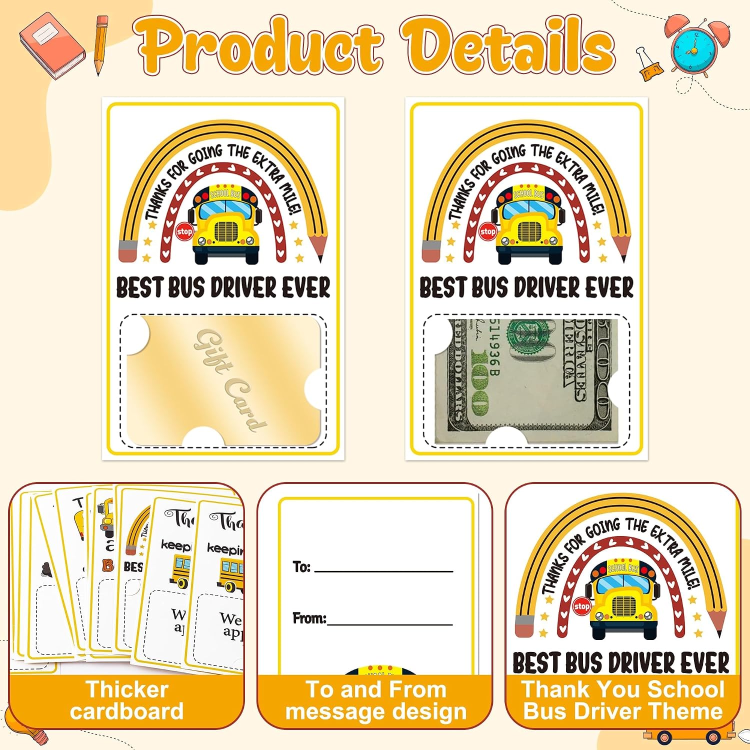 ANGOLIO 25Pcs School Bus Driver Thank You Cards with Envelopes Appreciate Card Retirement Gift End of Year Gift for Bus Driver Back to School Greeting Cards(Rainbow)