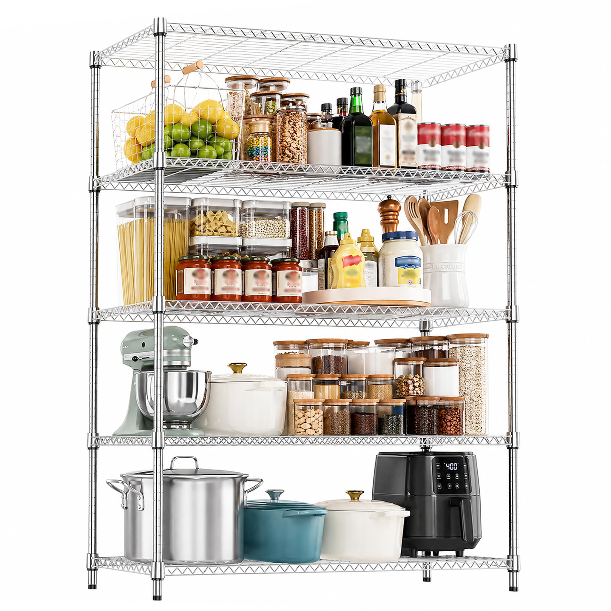 M MZG 5-Shelf Storage Unit With Height Adjustable Shelves and Levelling Feet for Garage Bedroom Living Room Kitchen Pantry 794.5 kg Max Weight 45 x 120 x 183.8 cm Chrome