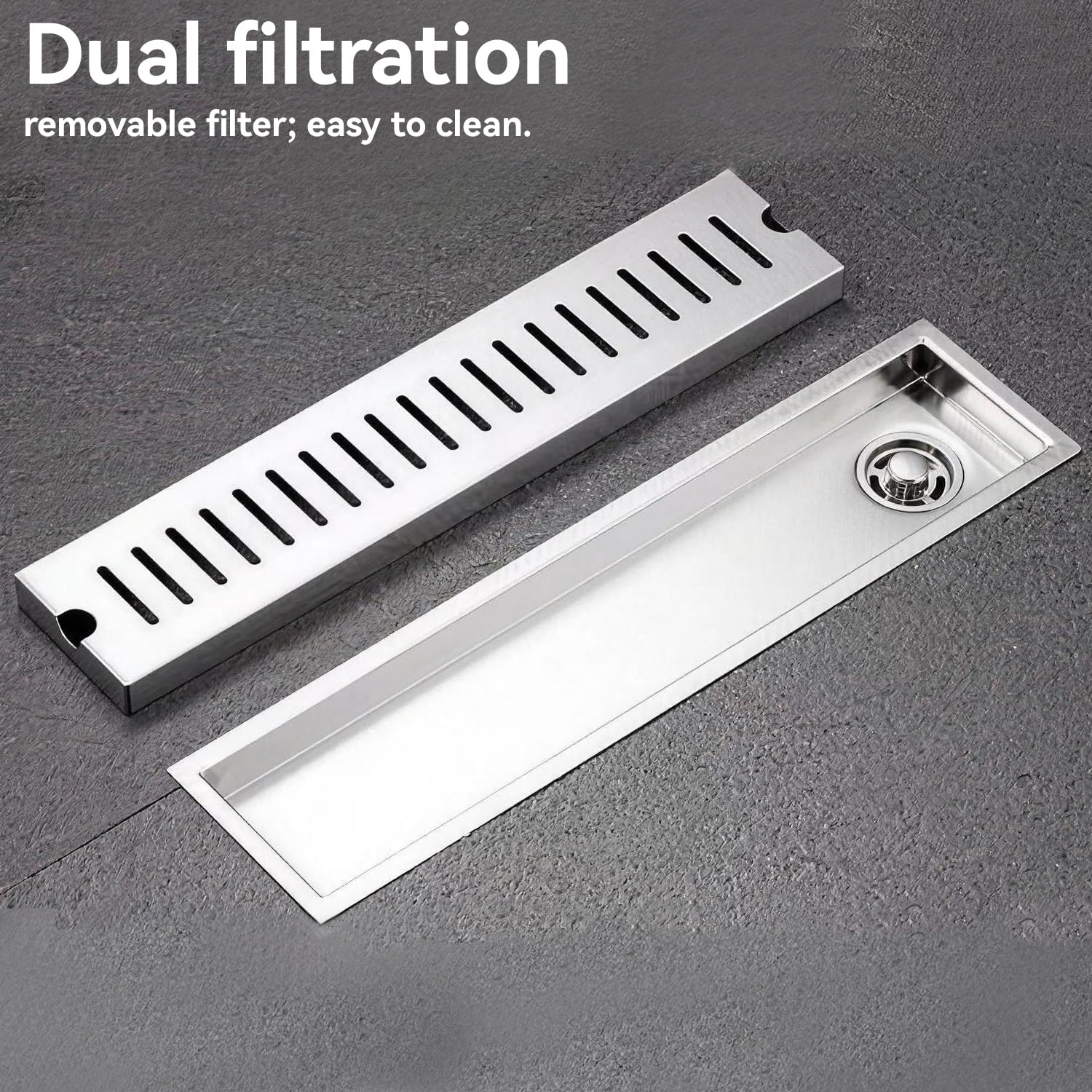 Tissting Desagüe de Ducha, 40cm Trampa para El Cabello Sumidero | Acero Inoxidable con Filtración Doble Sumidero Ducha Sifón y Filtro Desague Ducha para Baño,Cocina y Balcón(Side Drainage)
