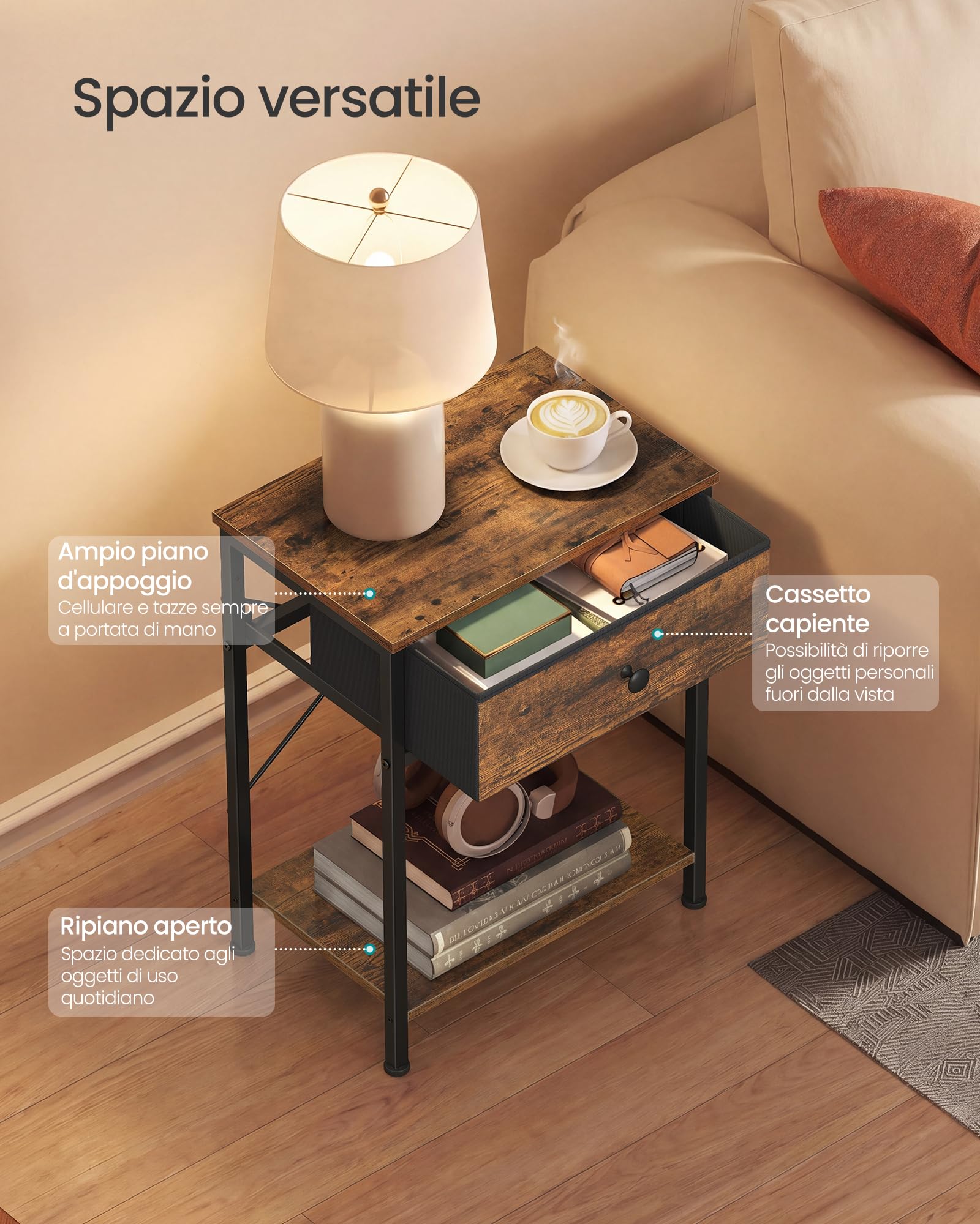 SONGMICS BELLAH Collezione - Comodino, Tavolino con Cassetto e Ripiano, per Camera da Letto Soggiorno, 30 x 39,6 x 60,4 cm, Marrone Vintage LGS101K101
