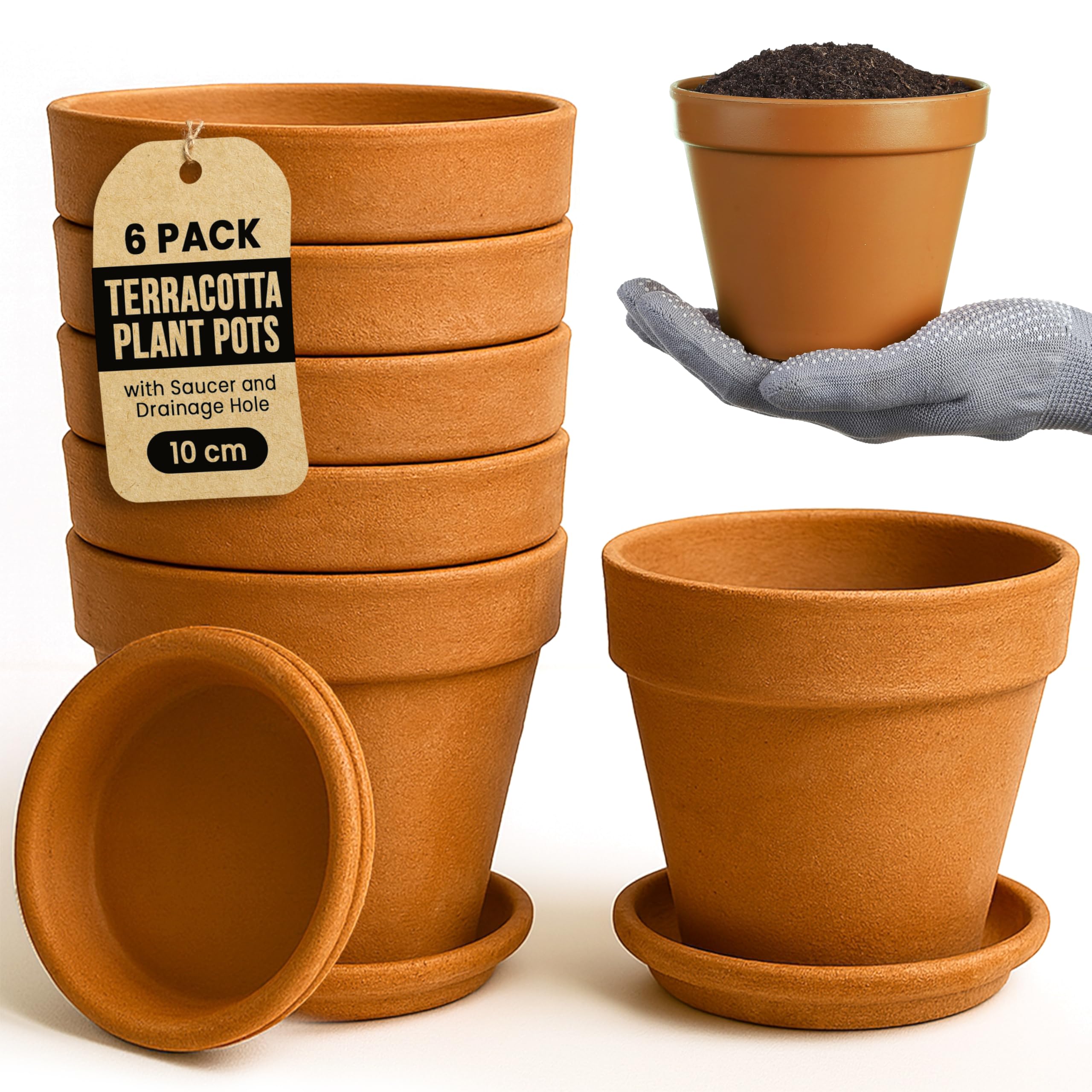 Green Thumbz Clay Pots for Plants with Saucer - 10cm x 6 Pack Large Terracotta Plant Pots with Drainage Hole, Ceramic Pots for Plants for Indoor/Outdoor Use