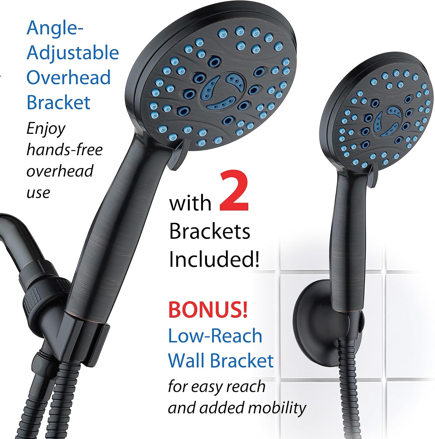 AquaCare As-Seen-On-TV High Pressure 8-setting Handheld Shower Head - Built-in Power Wash to Clean Tub, Tile & Pets, Overhead & Wall Brackets, Pure-Clean Nozzles, Extra-long 6 ft. Stainless Steel Hose