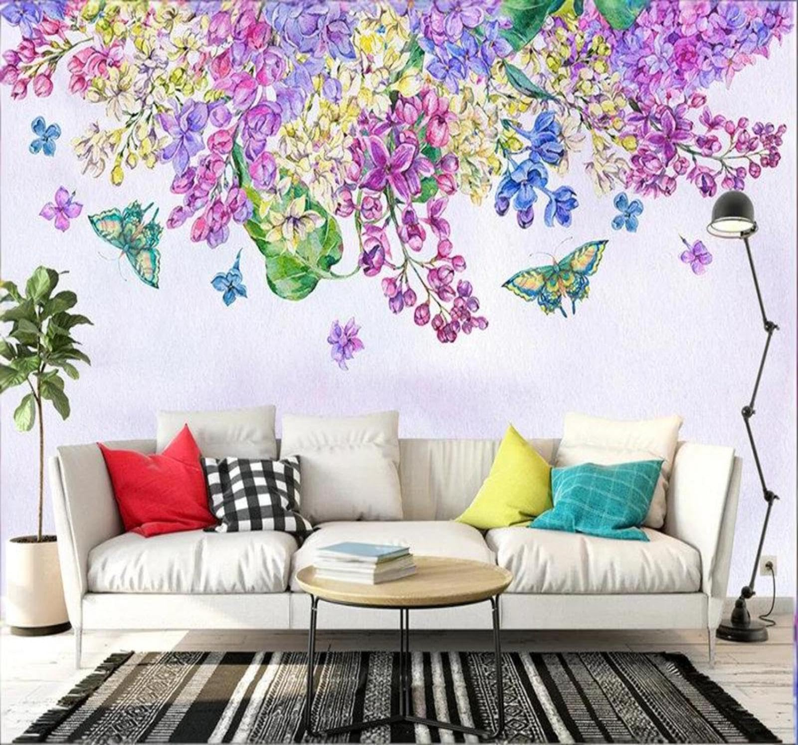 Wallpaper-3D-Xlm 250Cm×170Cm(B×H) Vintage Hand Painted Watercolour Flowers And Butterflies 3D Wallpaper Easy Install Feature Office Living Room Sofa Bedroom Tv Background Wall Decoration-250Cm×170Cm