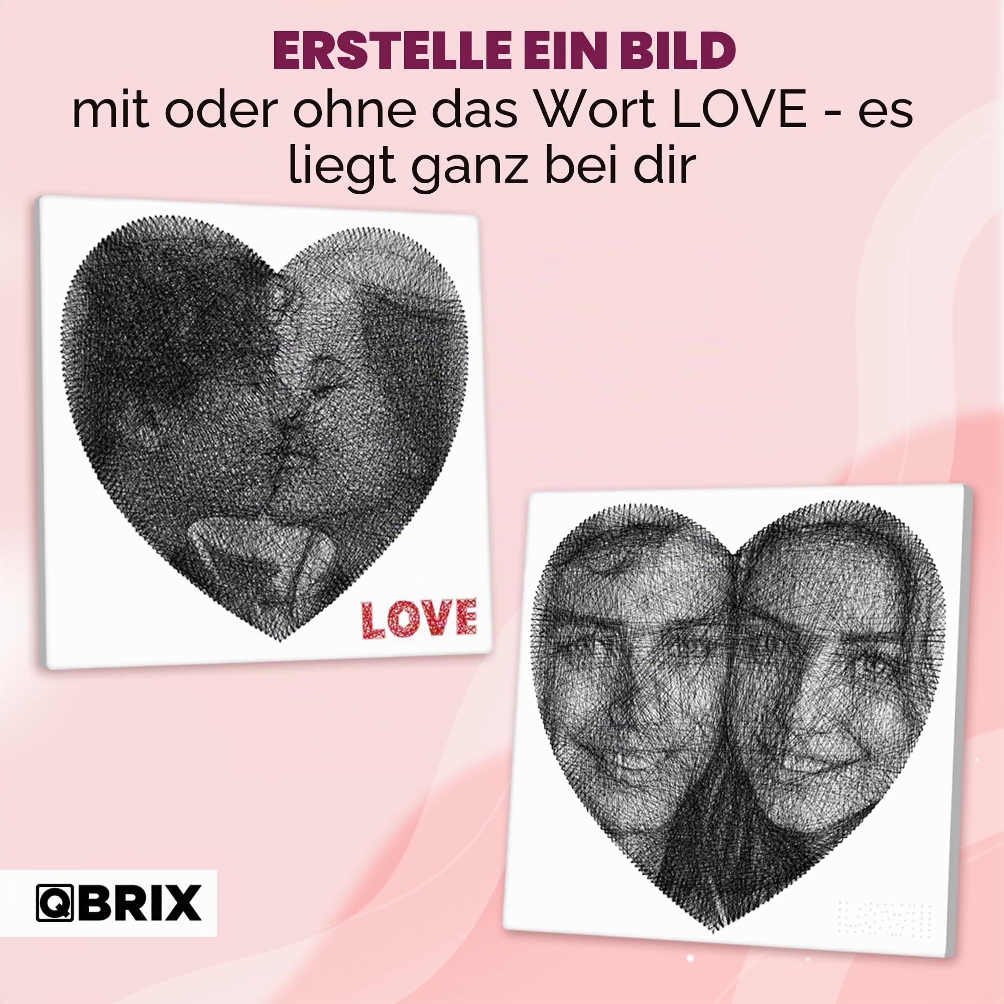 QBRIX Herz – String Art Fadenbild DIY | personalisiertes Geschenk | eigenes Foto als Garnbild | Wunschmotiv | Wandbild (Herz Form 50×50 cm)
