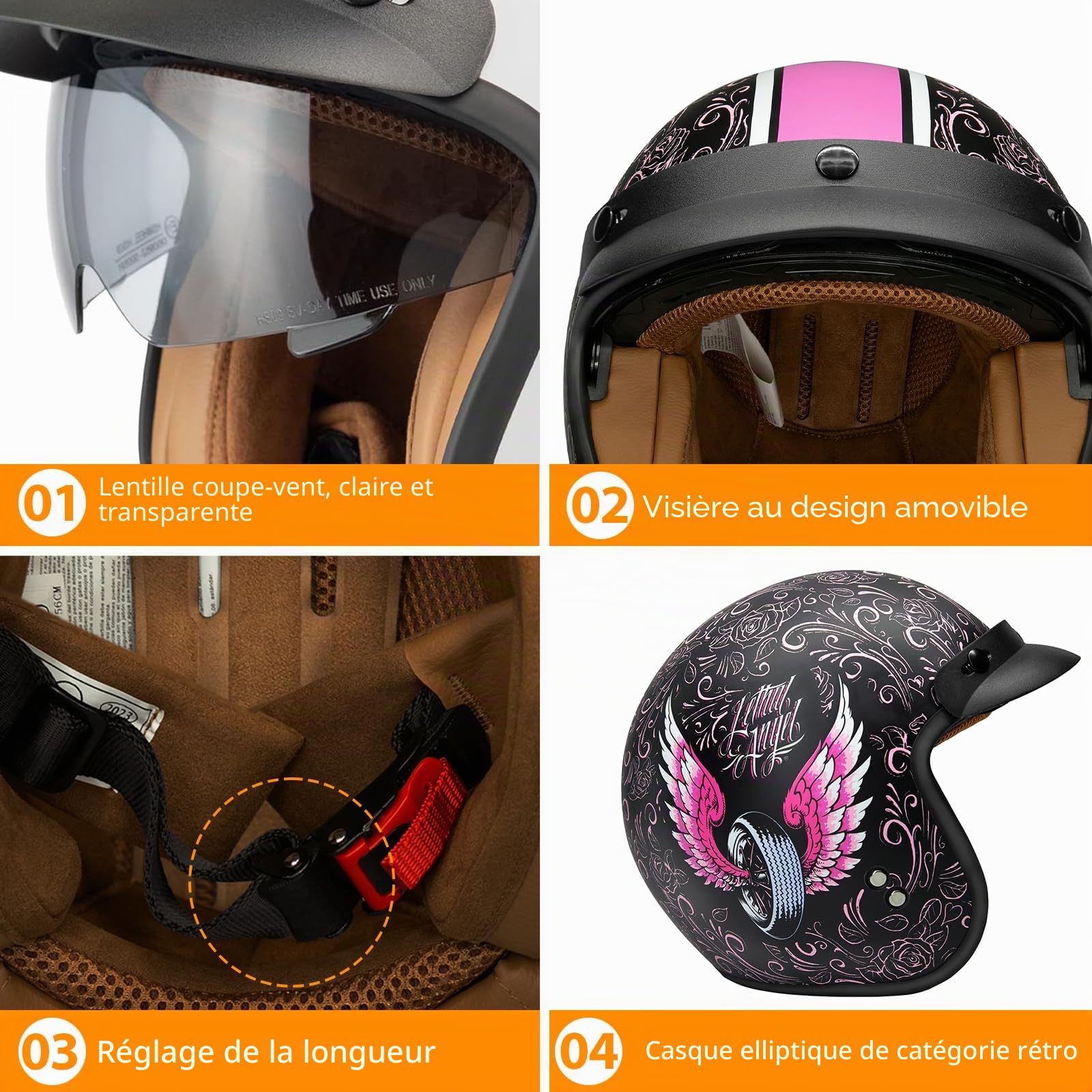 Casque Moto Jet ECE Homologué, Casque Femme Scooter Ouvert Adulte Vintage Visière, Casque Jet Ouvert Scooter (Wind Fire Wheel, M)
