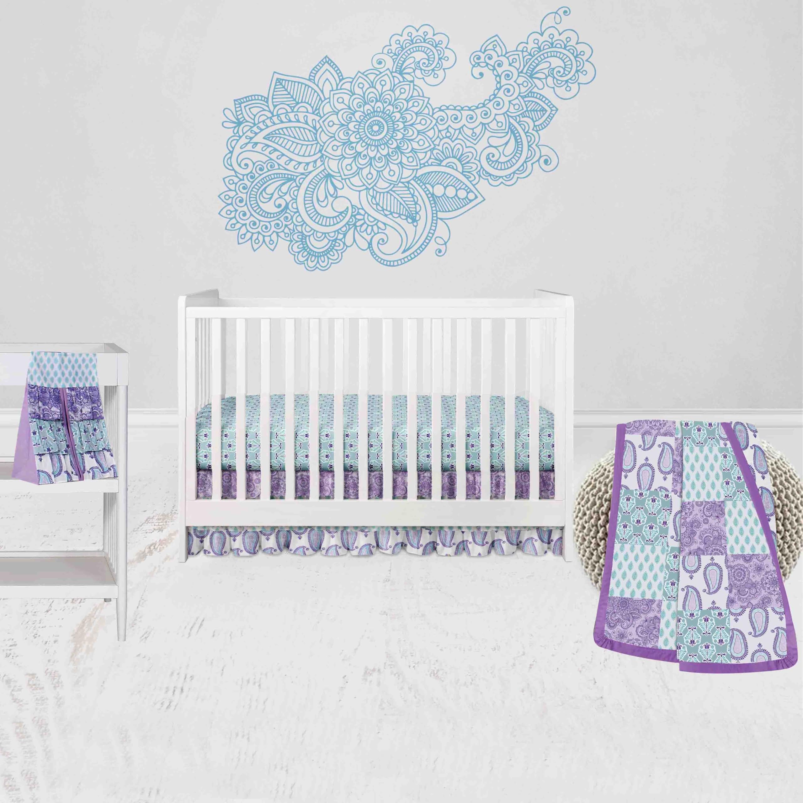 Bacati - Paisley Isabella Purple Lilac Aqua 4 Piece Crib Bedding Set with Diaper Caddy