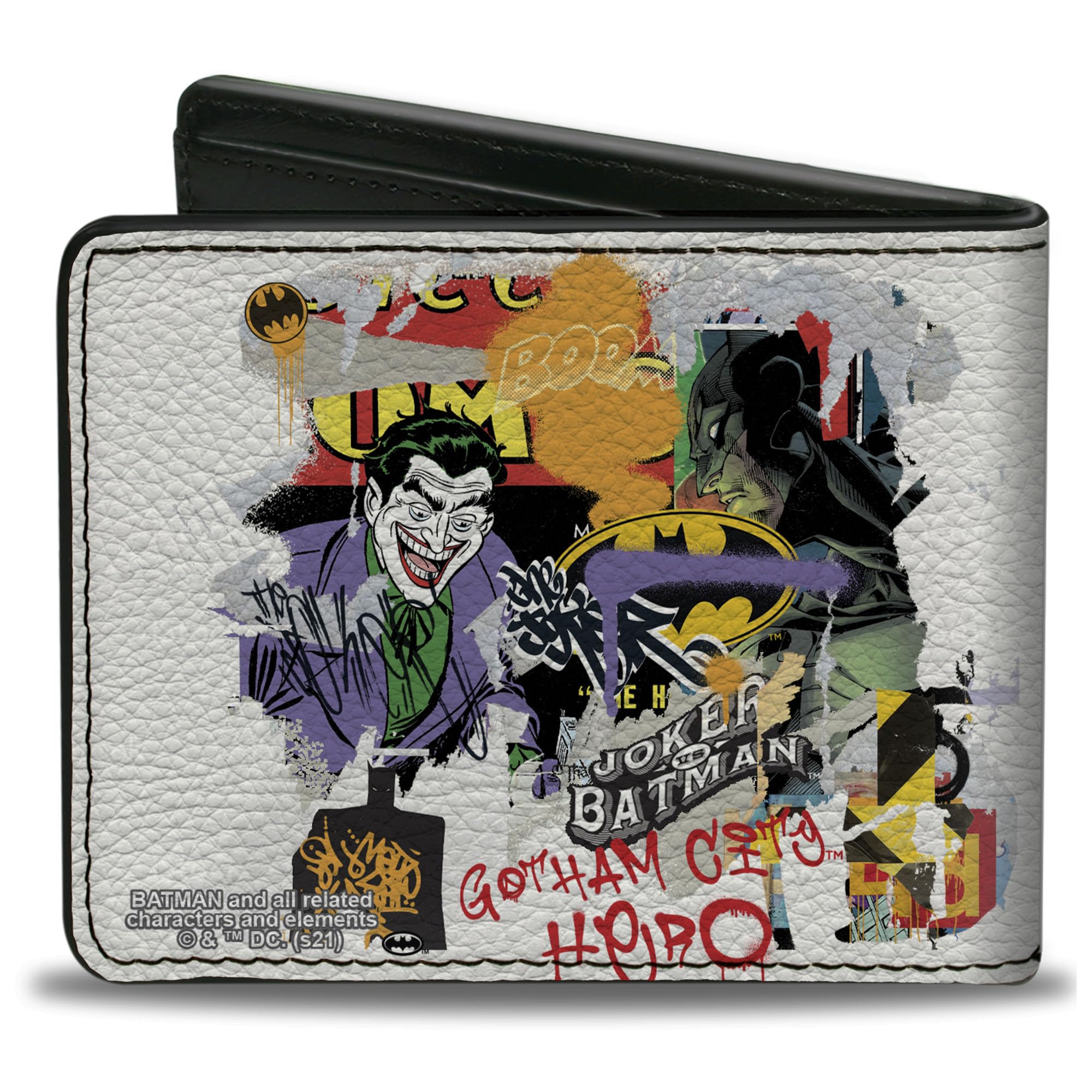 Buckle-Down Men's Standard DC Comics Wallet, Bifold, vs Graffiti Collage White Multi Color, Vegan Leather, Batman Joker, 4.0