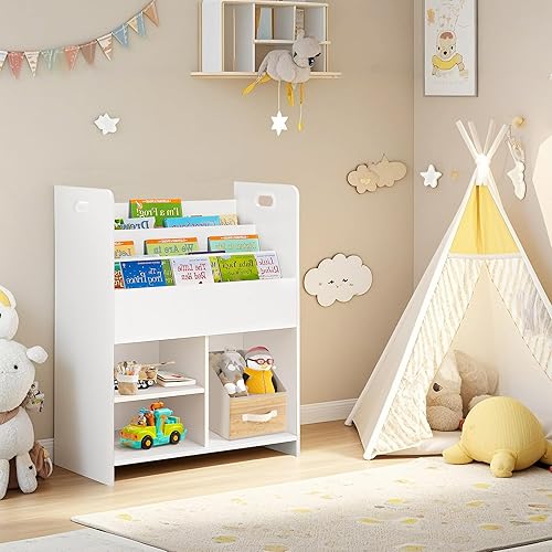 Miniatura 2 de VECELO Estantería para niños, 2 en 1 con estantes y 3 cubos de diferentes tamaños, organizador de madera para almacenamiento de juguetes para Blanco