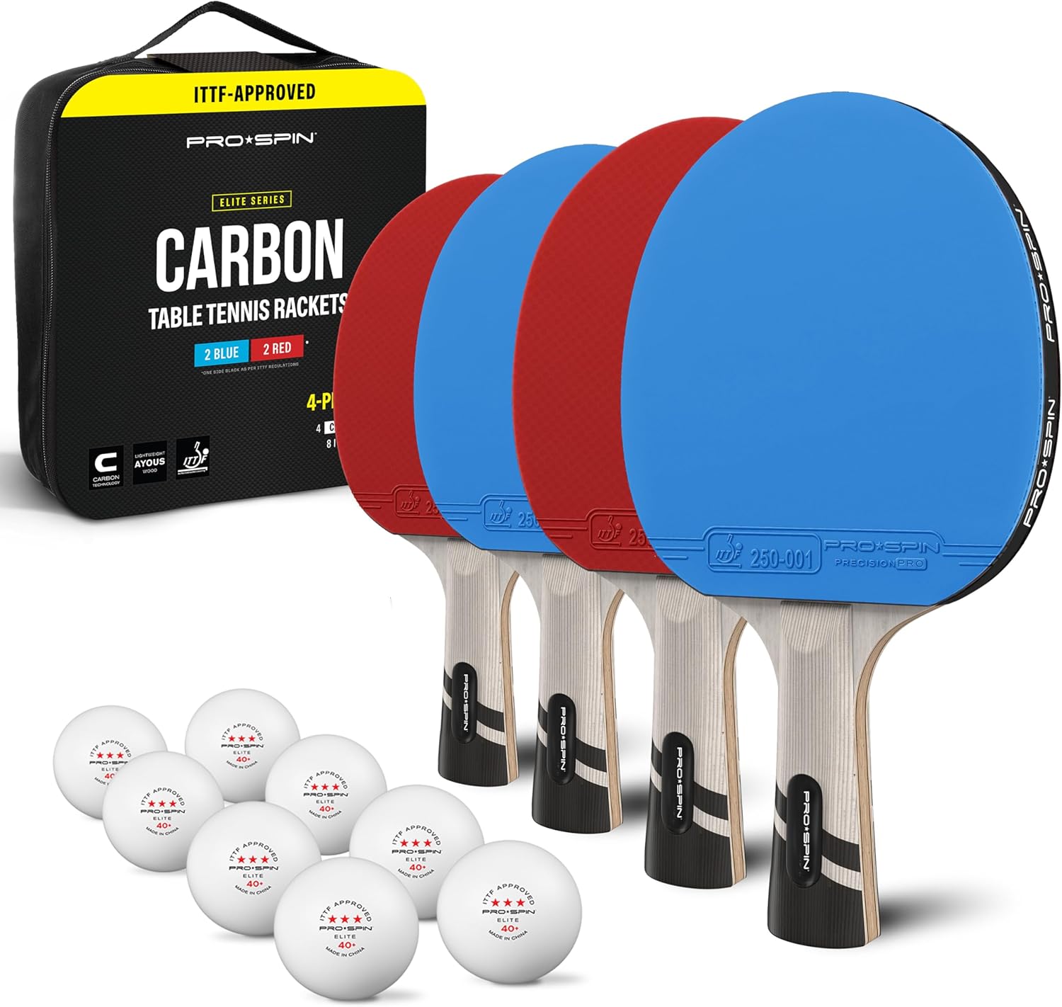 PRO-SPIN Ping Pong Paddles Set of 4 – ITTF Approved Carbon Table Tennis Rackets and Balls – Professional Quality Set with 8 Tournament-Grade Ping-Pong Balls – Premium Paddle Spin & Control