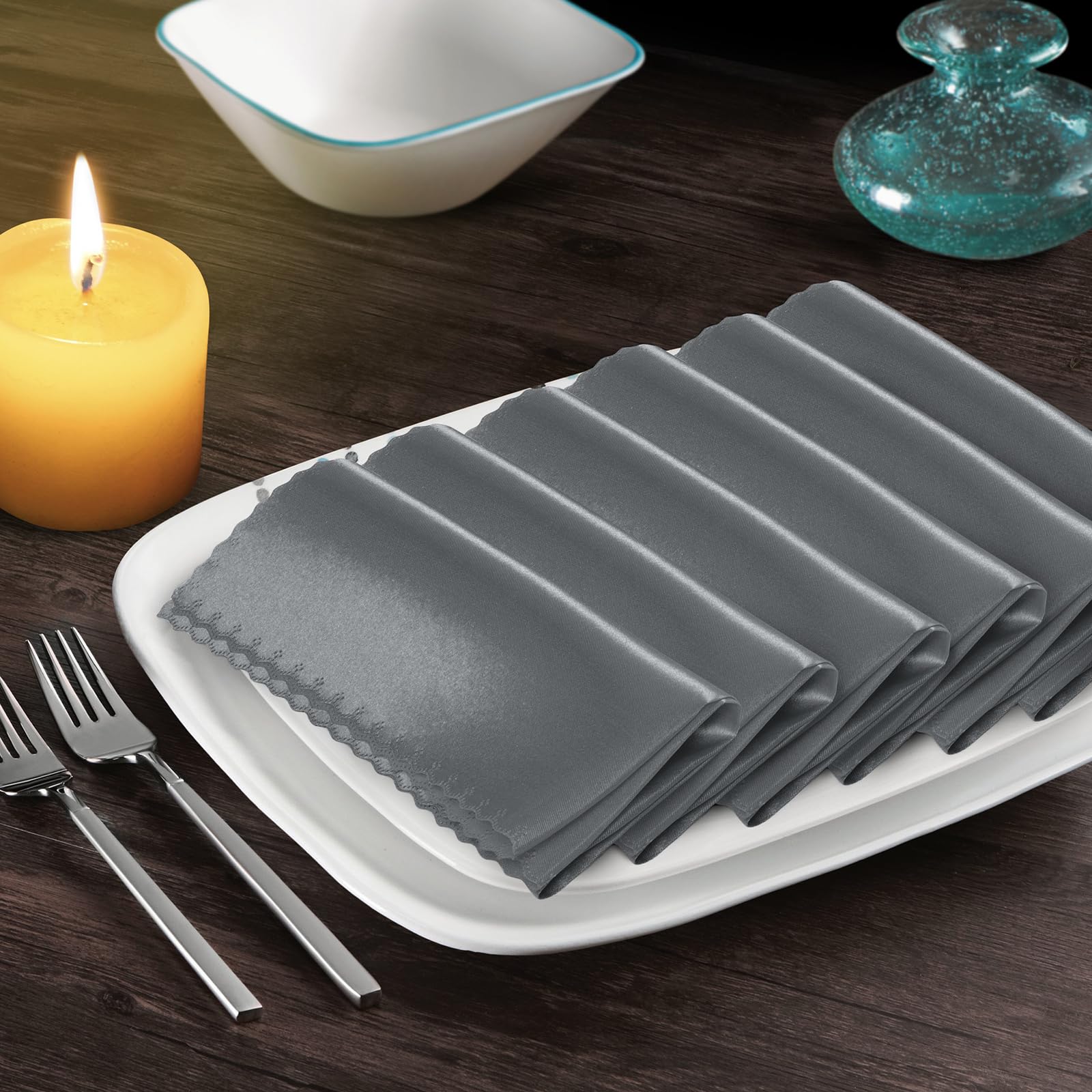 Manyshofu 6 Pieces Charcoal Grey Satin Scalloped Napkins - 18x18 Inches Satin Cloth Napkins, Square Satin Fabric Napkin Set - Elegant & Silky Table