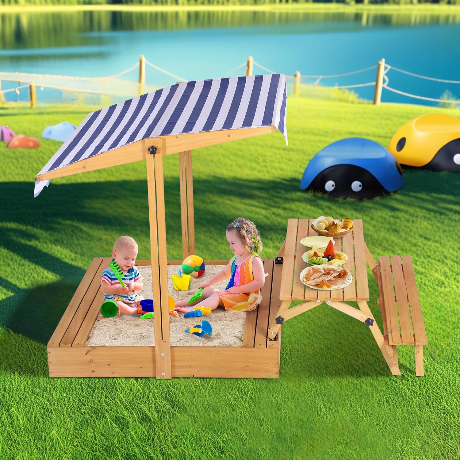 Wooden Covered Sandbox with Lid, Square Kids Outdoor Sandboxs W/Foldable Picnic Table & Beach Seats, XL Sandpit Sand Protection Bottom Liner Included for Backyard, Lawn, Beach- Natural