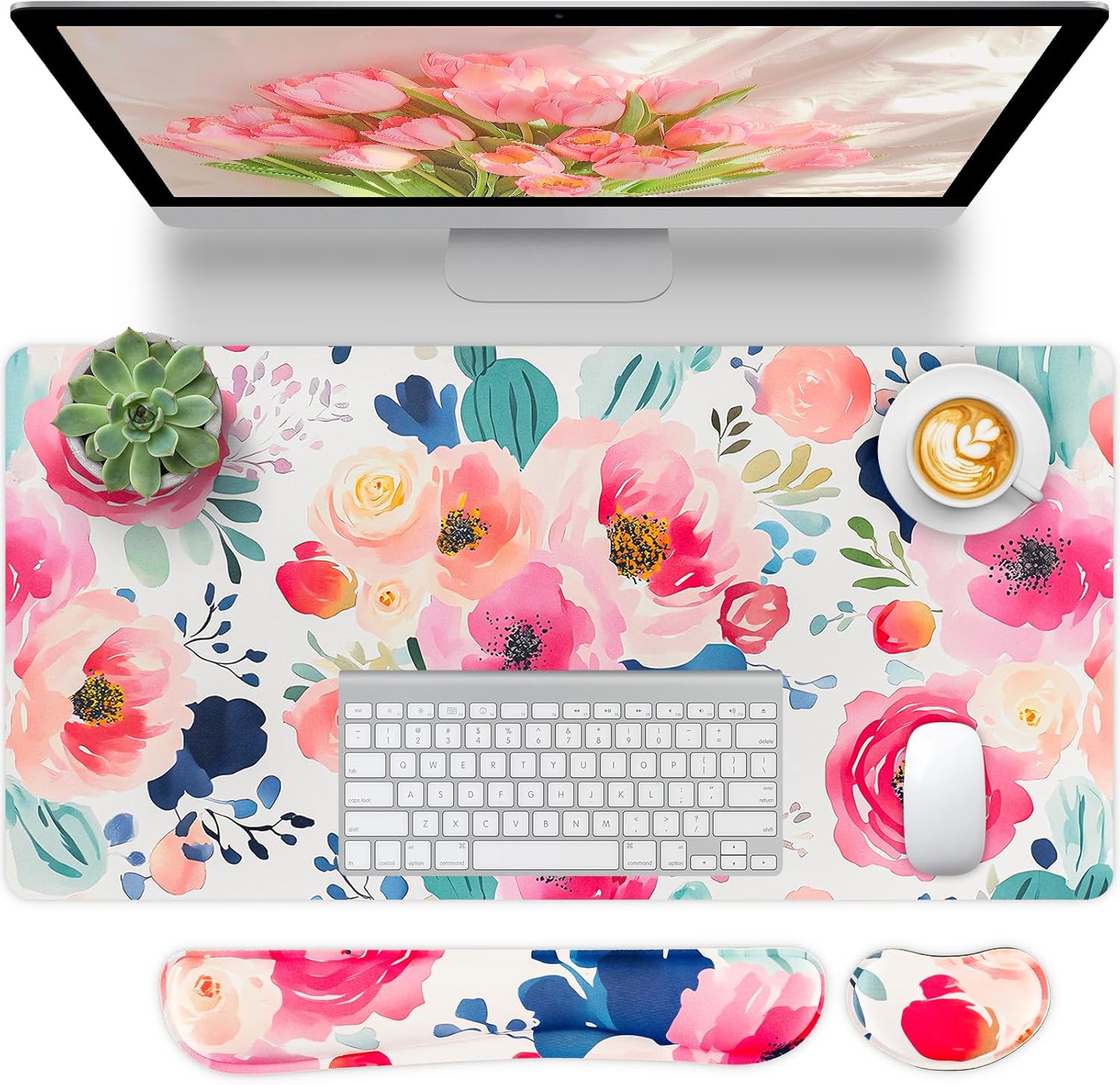 Bloss Flower Desk Mat con Reposamuñecas, Tapete de Escritorio de Cuero